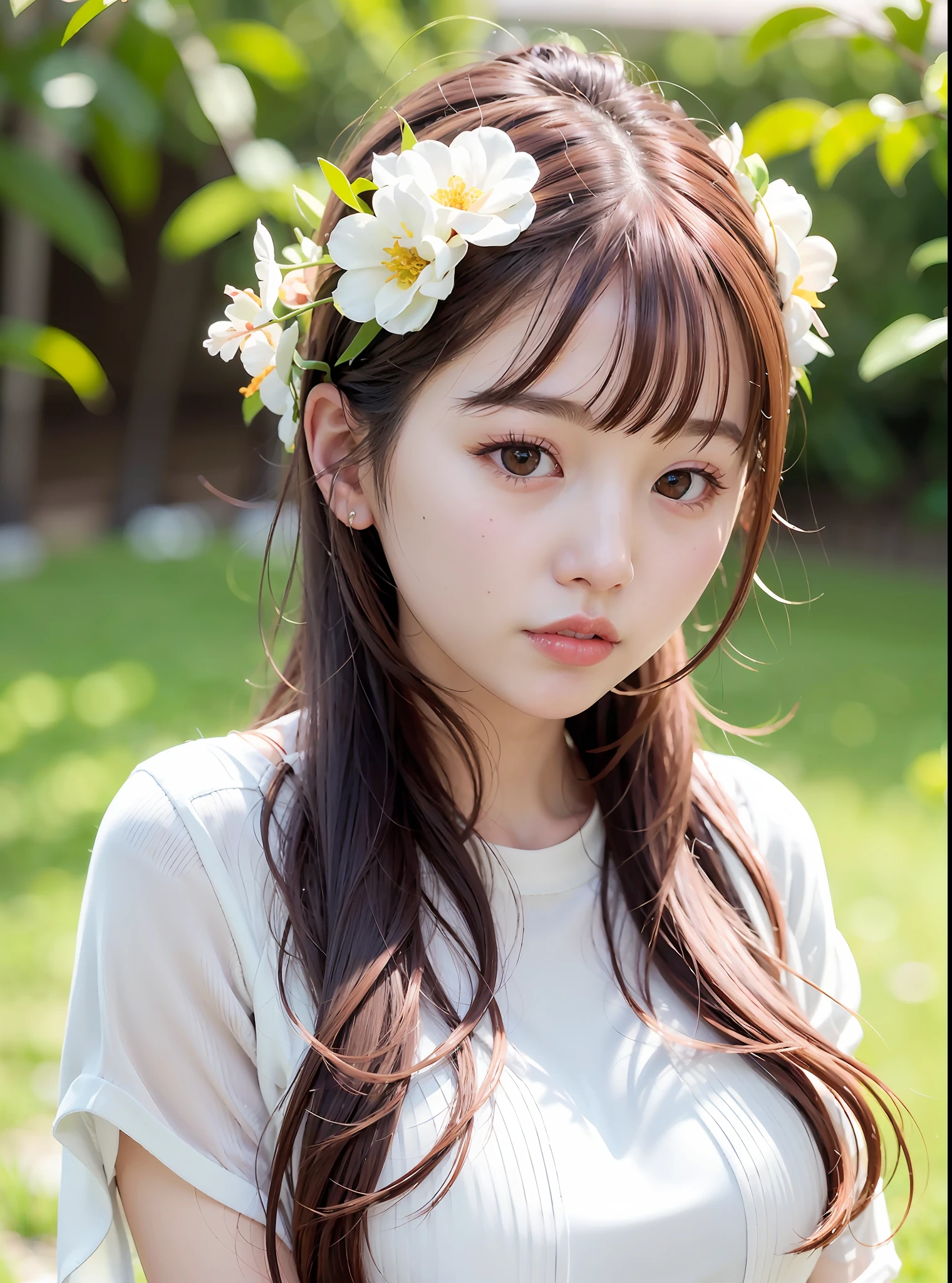 One wearing a white shirt,Close-up of a woman with a flower in her hair, beautiful Korean women, Gorgeous young Korean woman, Beautiful young Korean woman, Korean girl, ulzzangs, jaeyeon nam, white hime cut hairstyle, cute korean actress, a cute young woman, young lovely Korean faces, Korean woman, hwang se - on, Lee Ji-eun