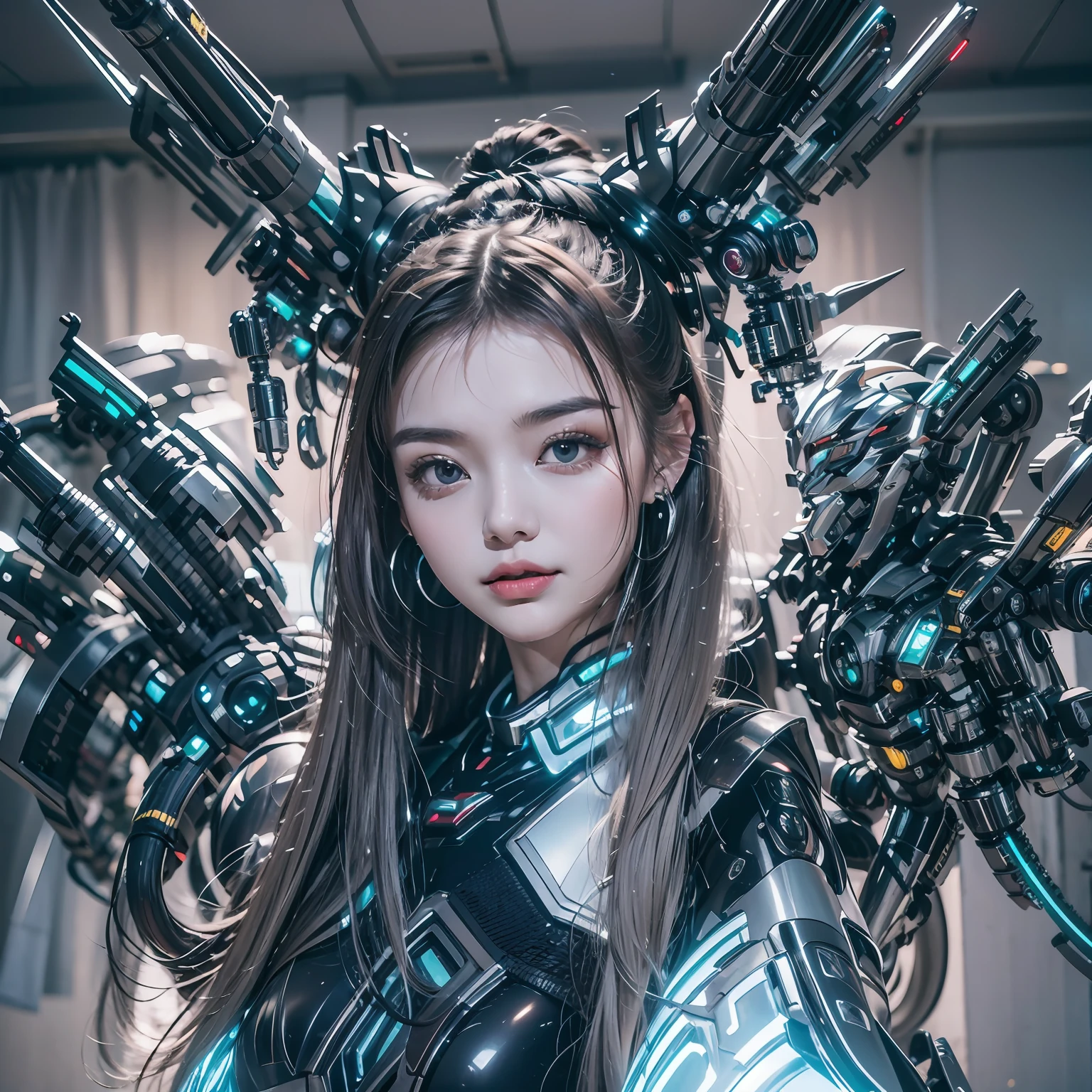 1girll， Chinese_clothes，Perfect facial features，delicated face， Metallic black titanium and dark blue，Titanium-black metal armor，mech， Photorealsitic，Multi-light mech，Cyberhanfu， on cheongsam， cyber punk perssonage， luminous hair ornaments， long whitr hair， Luminous earrings，Glowing necklace， luminous neon lights，blue colors，Blue light，Laser light，Best quality at best，tmasterpiece，8K,Character edge light，hyper-high detail，high qulity，(No Man)