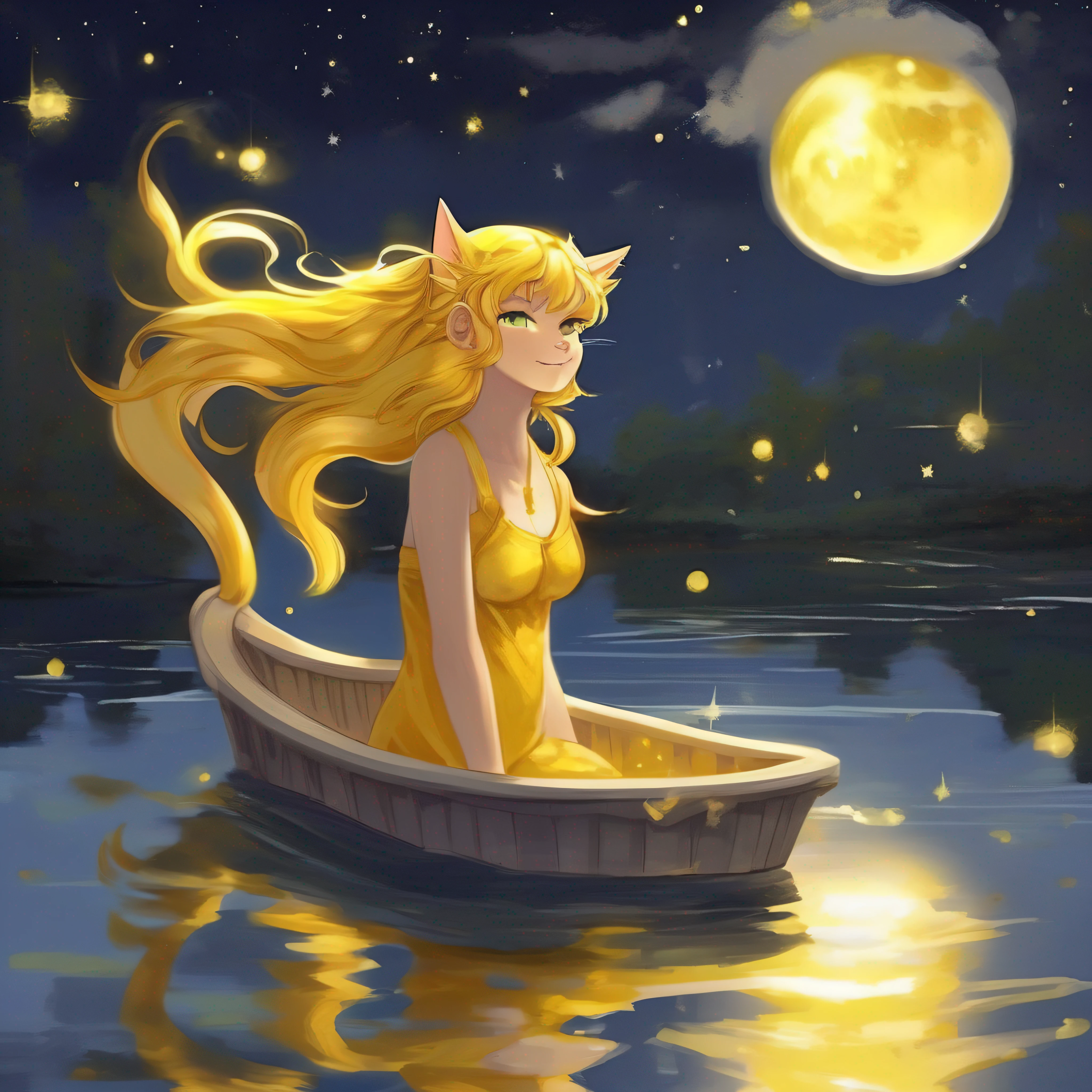 --Goddess Athena --bathing --in a lake --under the soft moonlight --her radiant skin reflecting the bright moon --Golden hair fluttering in the wind --Eyes bright as twinkling stars --Crystal clear water caressing her divine form --The yellow cat with boots --peeking hidden --with curious and mischievous look --her whiskers moving gently --The scenery is enchanting --the mysterious forest shrouded in a magical aura --majestic trees with dense foliage --the moonlight filtered by the green canopies --The soft sound of running water in the lake creates a serene atmosphere --The stars dot the night sky, adicionando um toque de encanto celestial --Enquanto Atena se banha, the scene is enveloped by an ethereal glow --the drops of water seem to flicker around her--The yellow cat moves surreptitiously, leaving soft footprints in the sand --A feeling of mystery and magic permeates the whole environment, while Athena and the cat enjoy this unique and special moment.
--Special Effects --A cinematic lighting enhances every detail of the scenery --Rays of light from the moon highlight the shapes of the trees and the goddess --The drops of water glow softly, creating a flickering effect --Panoramic camera reveals the lush beauty of the forest and lake --Detailed close-ups enhance Athena's serene expression and the cat's curiosity --Soft, ethereal music creates a magical and engaging atmosphere --Careful editing gives rhythm to the scene, underscoring the charm of the moment --The scene is full of mystery and surprise, with clever cuts that emphasize the interaction between the goddess and the cat --The special effects give a magical and heavenly touch to the whole scene, transportando o espectador para um universo encantado de mitos e maravilhas.