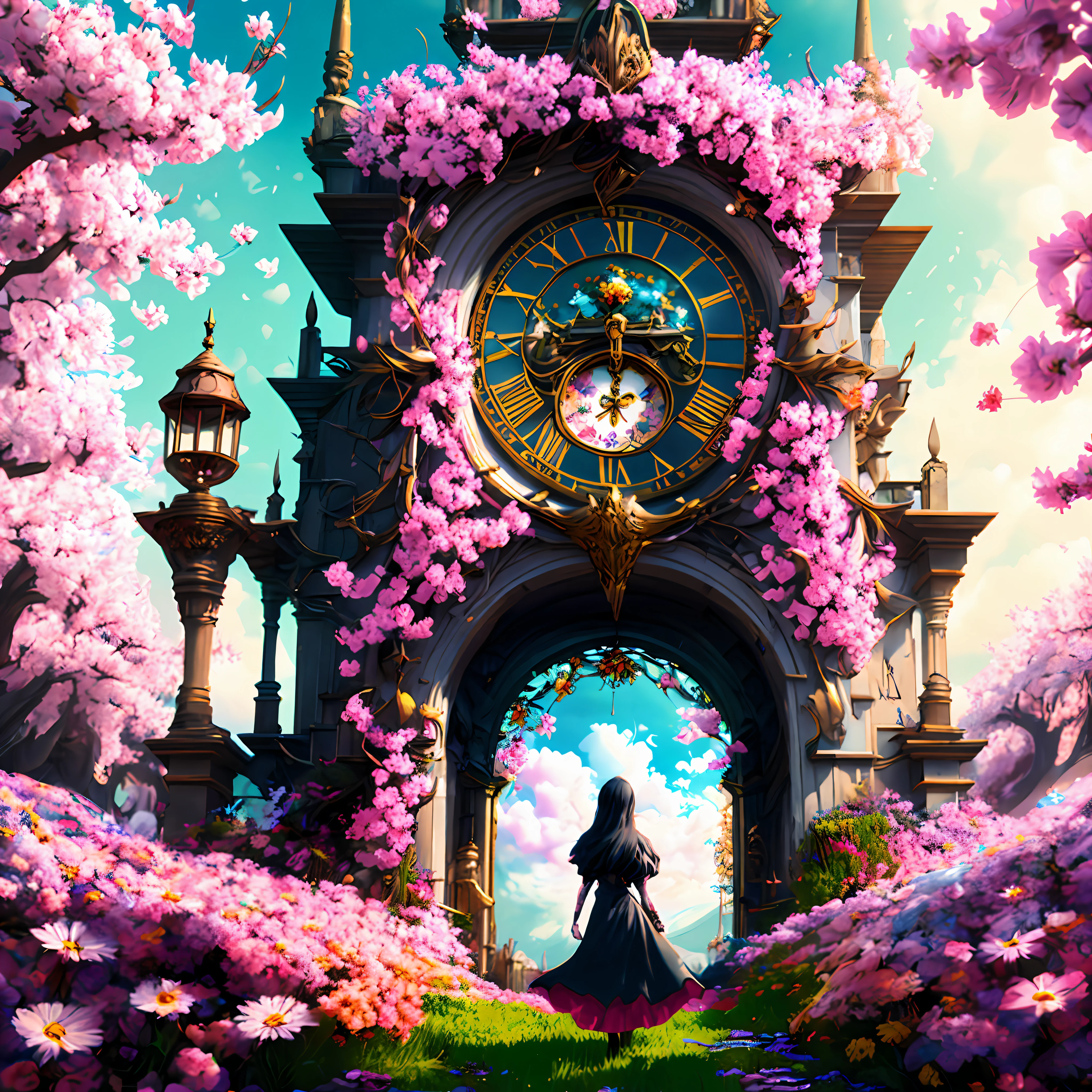 photo (FlowerGateway style:1) a giant clock tower in the middle of a flower garden, A sakura blossom flower by Casey Weldon, Olga Kvasha, Miho Hirano, hyperdetailed intricately detailed gothic art trending on Artstation triadic colors Unreal Engine 5 detailed matte painting, deep color, fantastical, intricate detail, splash screen, complementary colors, fantasy concept art, 8k resolution, gothic deviantart masterpiece, (dark shot:0.9), art by greg rutkowski and artgerm, soft cinematic light, adobe lightroom, photolab, hdr, intricate, highly detailed, (depth of field:1.4)