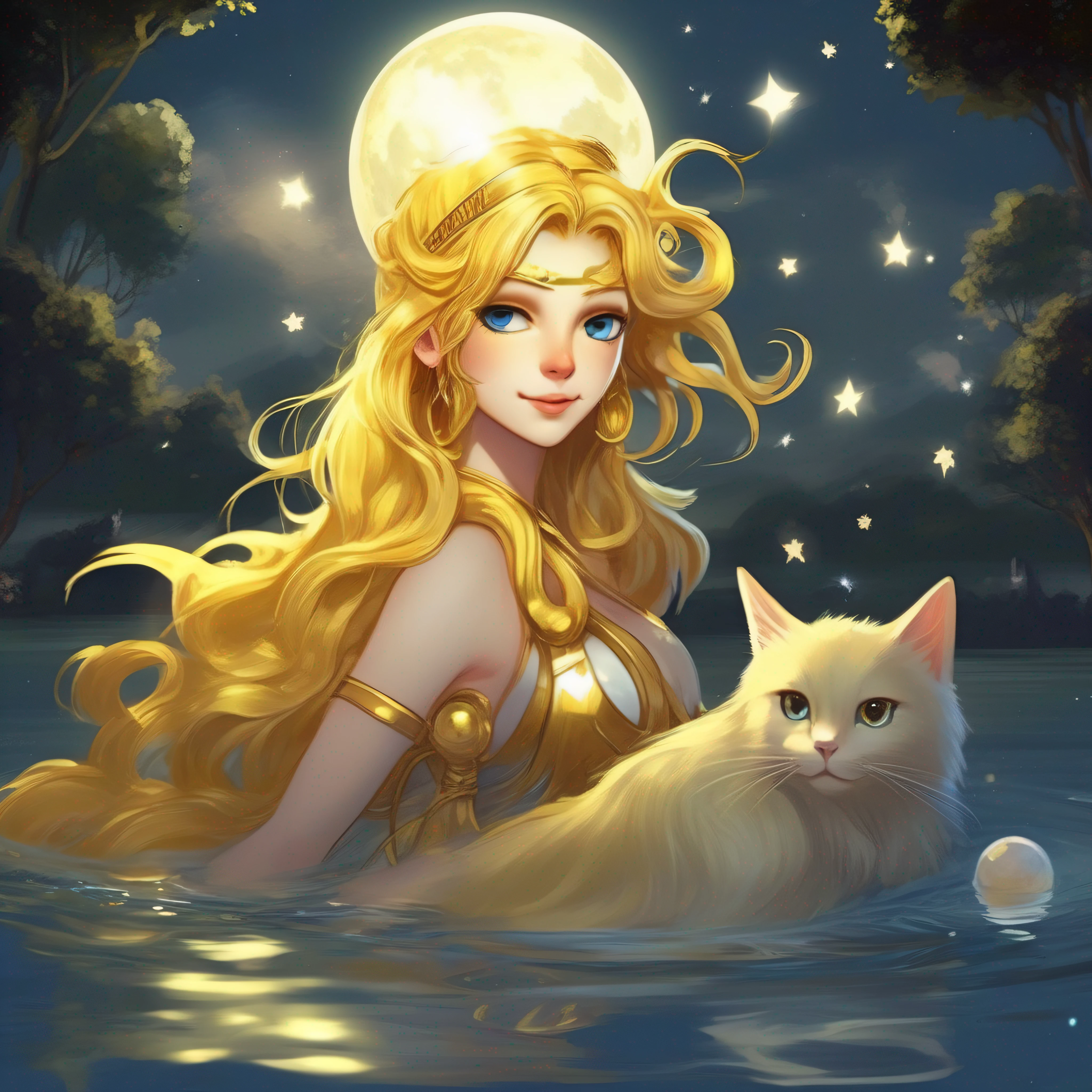 --Goddess Athena --bathing --in a lake --under the soft moonlight --her radiant skin reflecting the bright moon --Golden hair fluttering in the wind --Eyes bright as twinkling stars --Crystal clear water caressing her divine form --The yellow cat with boots --peeking hidden --with curious and mischievous look --her whiskers moving gently --The scenery is enchanting --the mysterious forest shrouded in a magical aura --majestic trees with dense foliage --the moonlight filtered by the green canopies --The soft sound of running water in the lake creates a serene atmosphere --The stars dot the night sky, adicionando um toque de encanto celestial --Enquanto Atena se banha, the scene is enveloped by an ethereal glow --the drops of water seem to flicker around her--The yellow cat moves surreptitiously, leaving soft footprints in the sand --A feeling of mystery and magic permeates the whole environment, while Athena and the cat enjoy this unique and special moment.
--Special Effects --A cinematic lighting enhances every detail of the scenery --Rays of light from the moon highlight the shapes of the trees and the goddess --The drops of water glow softly, creating a flickering effect --Panoramic camera reveals the lush beauty of the forest and lake --Detailed close-ups enhance Athena's serene expression and the cat's curiosity --Soft, ethereal music creates a magical and engaging atmosphere --Careful editing gives rhythm to the scene, underscoring the charm of the moment --The scene is full of mystery and surprise, with clever cuts that emphasize the interaction between the goddess and the cat --The special effects give a magical and heavenly touch to the whole scene, transportando o espectador para um universo encantado de mitos e maravilhas.