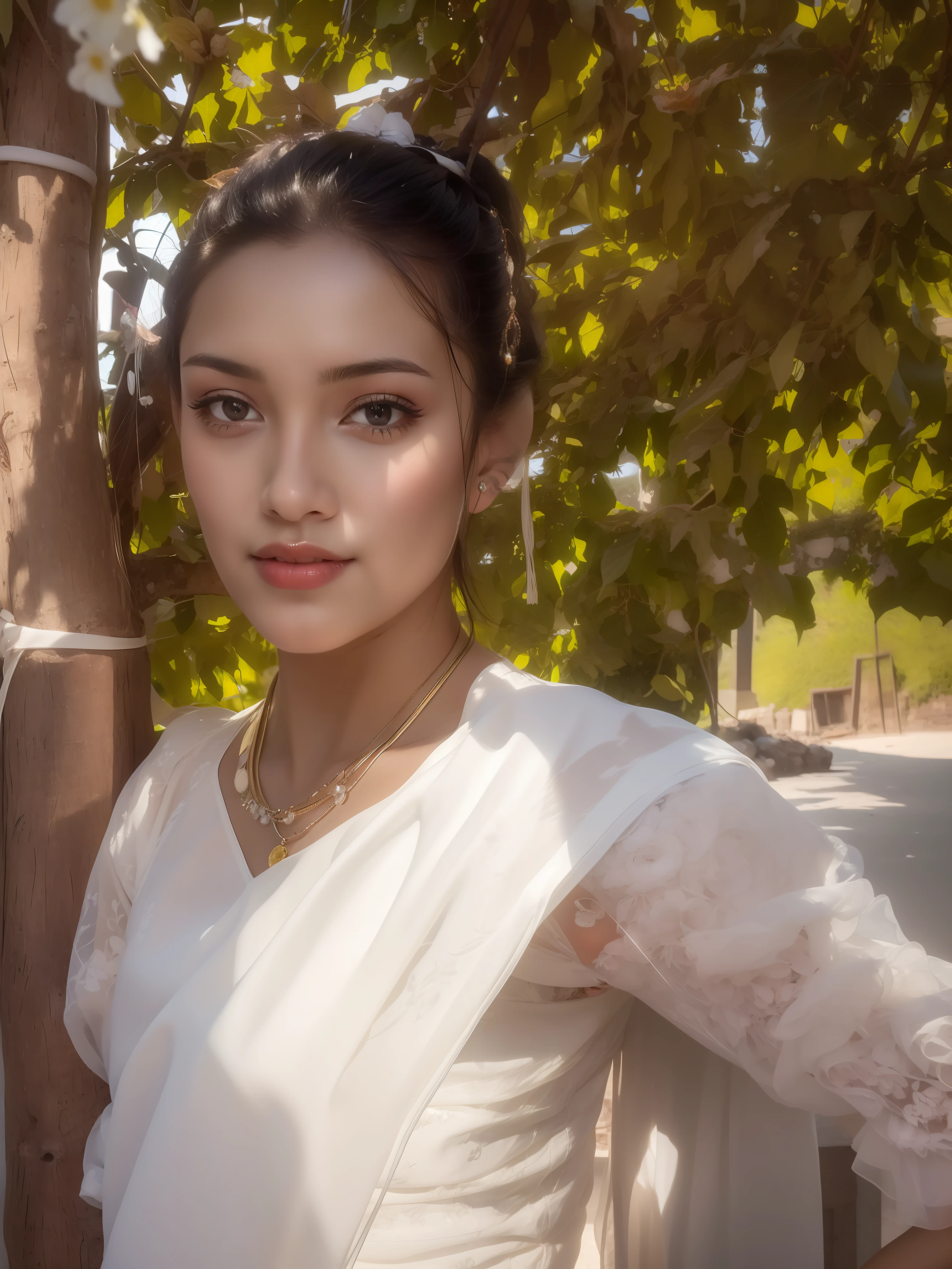there is a woman in a white dress standing by a tree, indian girl with brown skin, a beautiful woman in white, traditional beauty, with brown skin, taken in the early 2020s, around 1 9 years old, a beautiful young woman, photo of young woman, light skinned african young girl, portait image, a stunning young ethereal figure