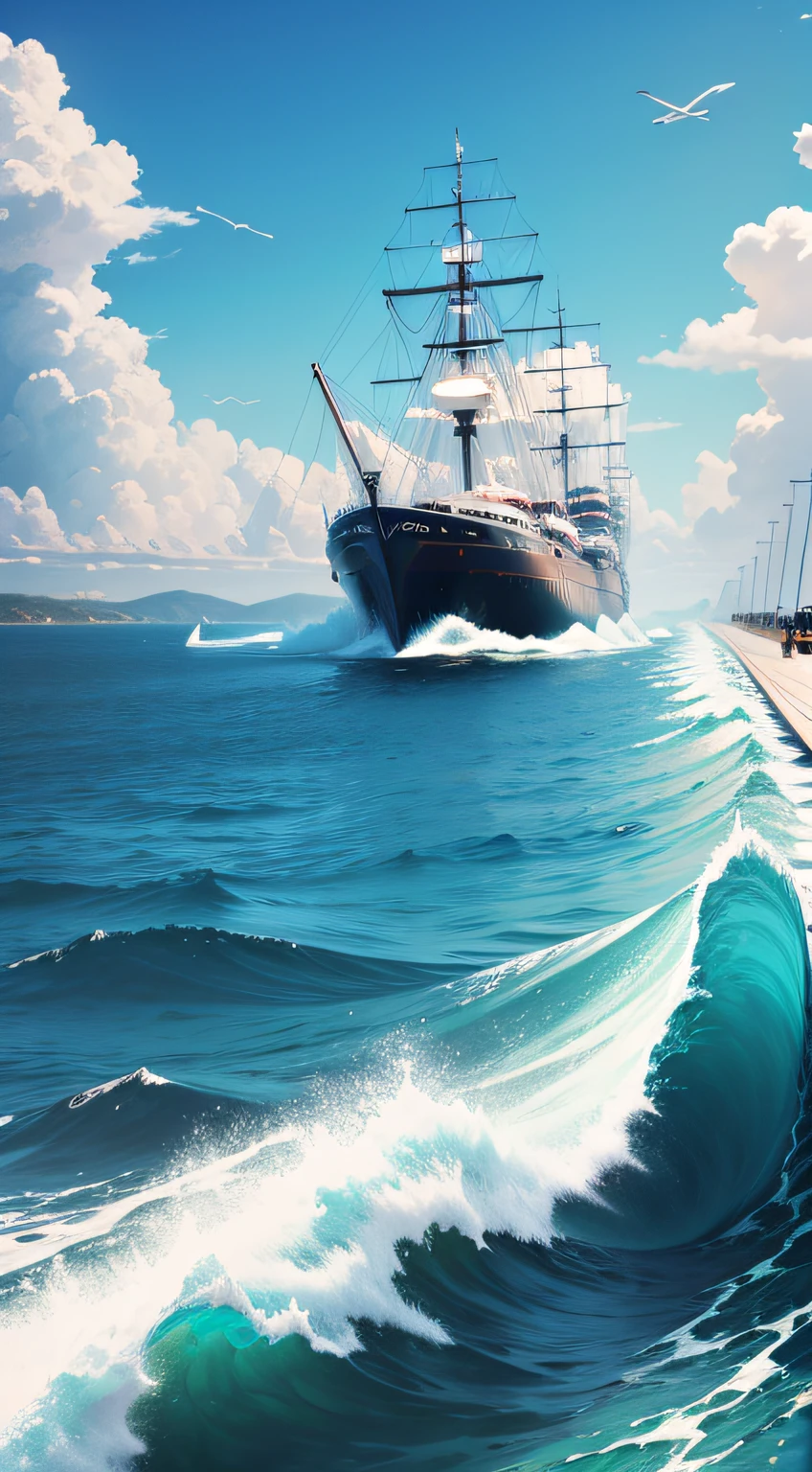 Tech ships,fleet,riding the wave,Blue sky,There are no clouds,The boat is in the lower right corner of the entire picture, --auto