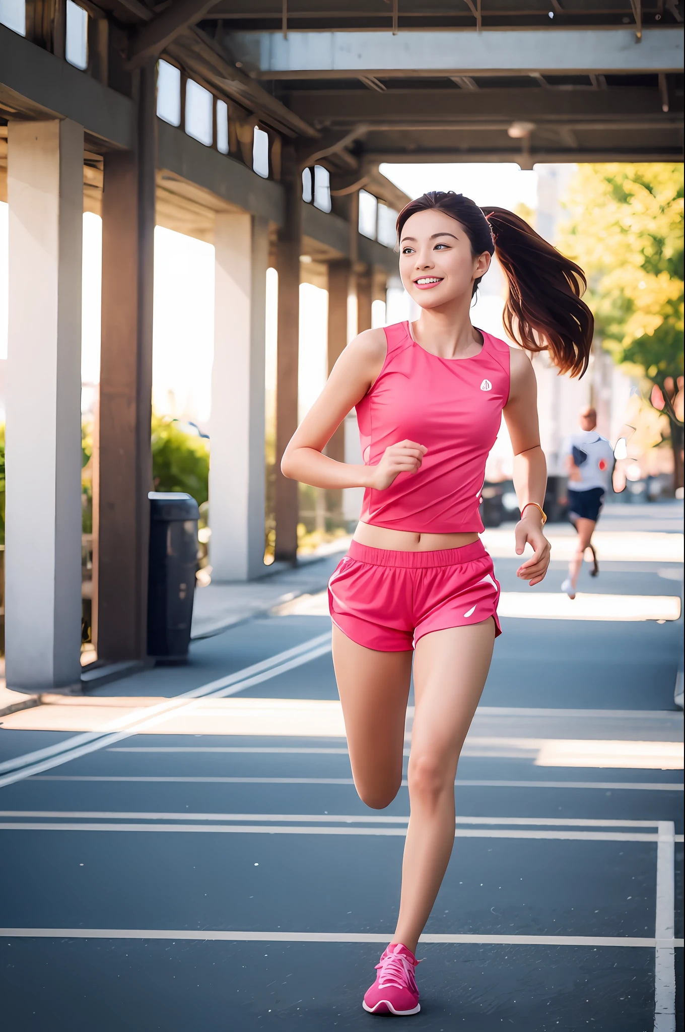 1 girl, solo, running, Gray Track Top, pink shorts, ponytail, athletic build, dynamic brushstrokes, fluid movement, capturing the essence of her athleticism and energy, using light colors and soft tones to create a dreamy and ethereal atmosphere, portraying the motion and grace of running, showing the wind blowing her ponytail and clothes, and the scenery of her surroundings.
outdoors, detailed background, Modern metropolis,