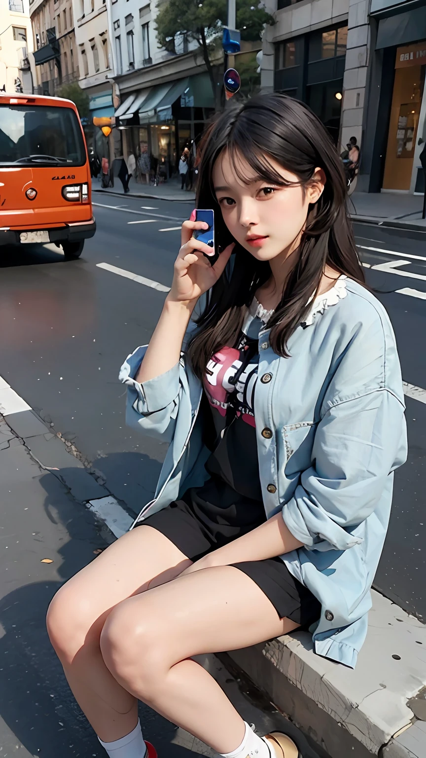 Beutiful women,Sitting in the middle of the street fiddling with your phone,Short clothes