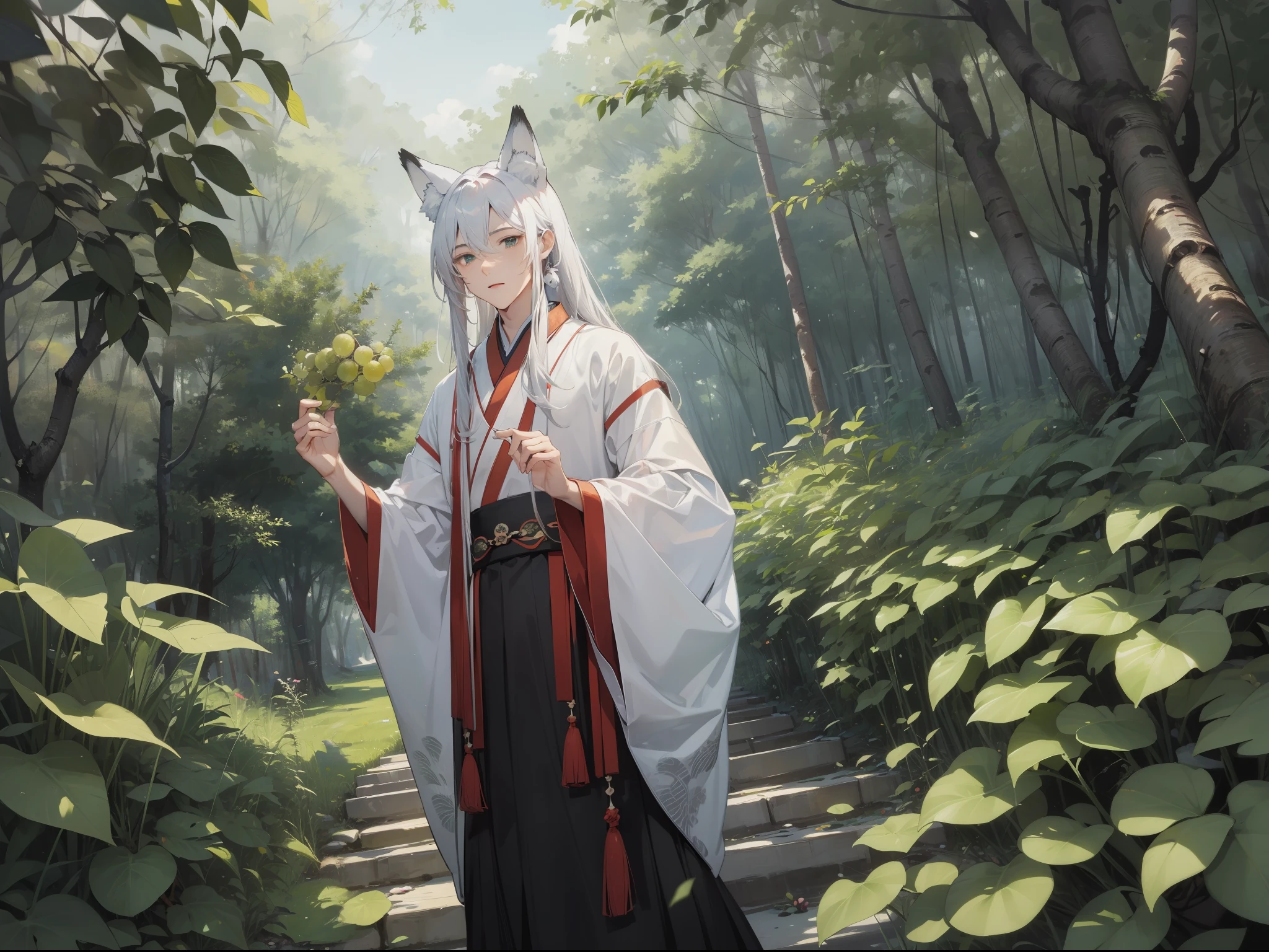 ((Masterpiece)),Ultra-clear image quality,((1 man)),sliver long hair,Fox ears,Ancient wind,Hanfu,Look at the green grapes in your hand,exterior,In the woods