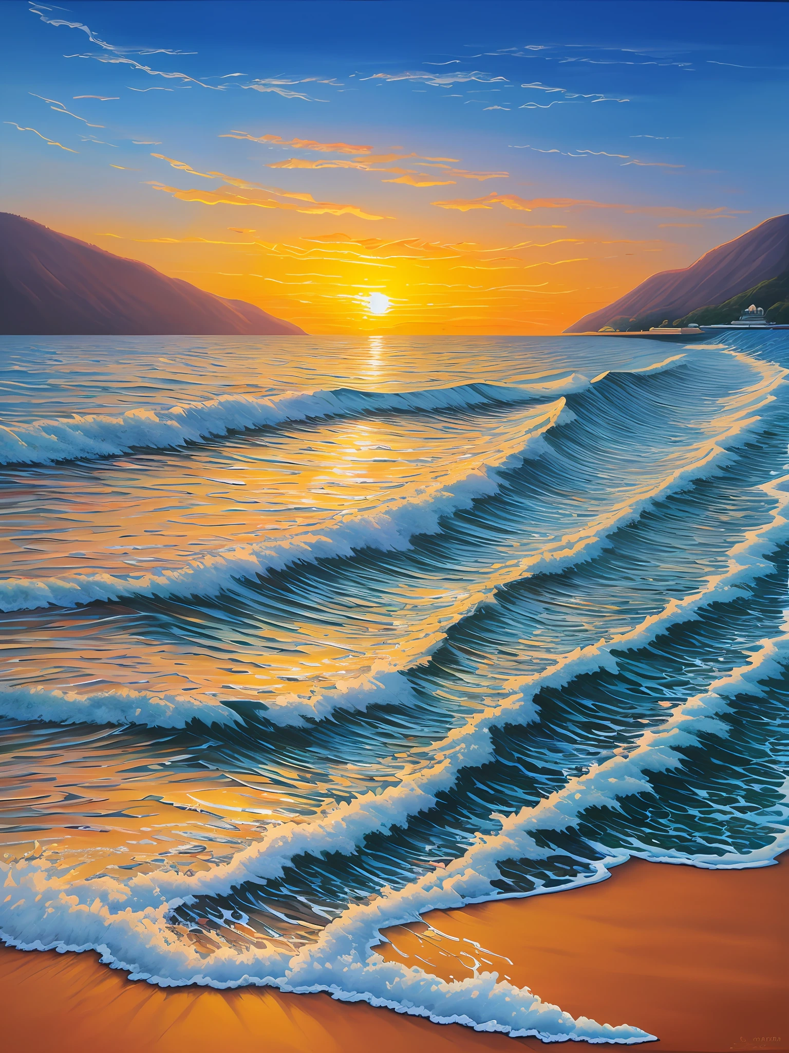 Ocean sunset oil painting、Oil painting with heavy glaze、Intricate and delicate oil painting、High quality smooth painting、Wall decoration painting、The sun rises and shines light、Artistic expression on canvas、Artistic quality thick lacquer、Canvas paintings、Large-scale painting、High quality glossy art、Sunset、Splendid oil painting、Detailed paintings、Sunset sailboat painting on the sea --auto