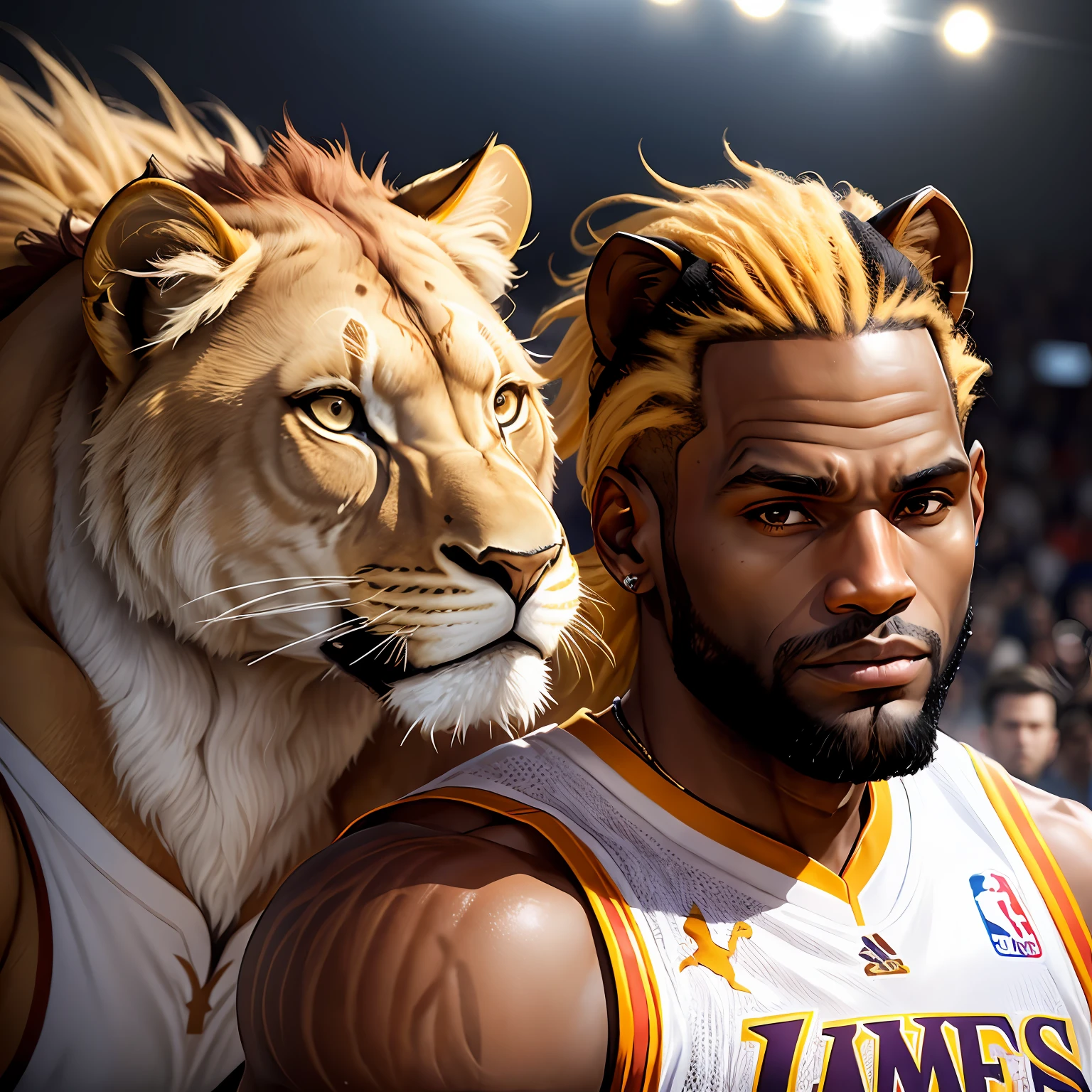 tmasterpiece，Best quality at best，LeBron James mates as a lioness，Charming，Sexy lioness，NBA star No. 23 LeBron James becomes lioness，The face of the lioness is the face of LeBron James，a color，James the lioness mates with the male，On the NBA court