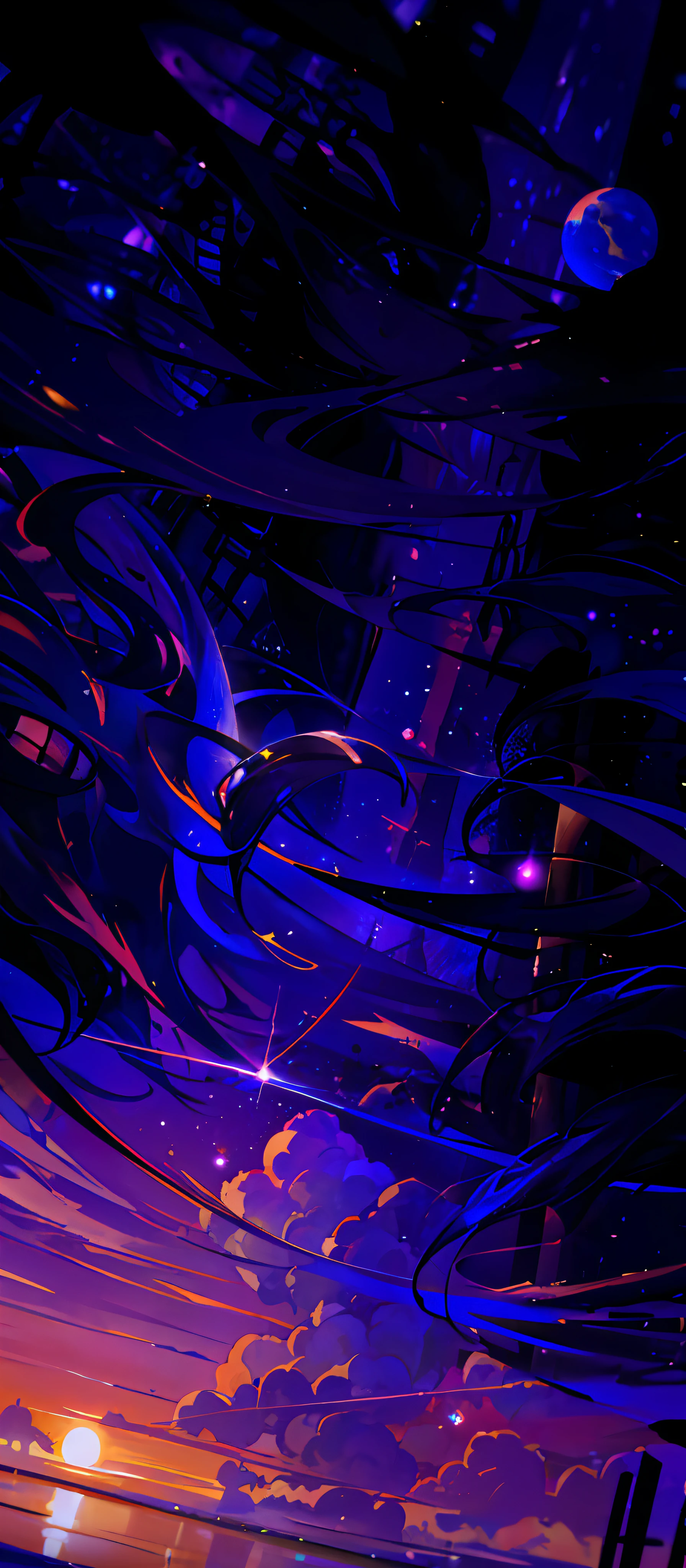 "(darkeness, dim sky, starly sky:1.3, clear sunset:1.2, reflective water, galaxy appearing, Planetas, outer space:1.2, Magical anime, Estilo anime, hiper detalhado, total darkness)."