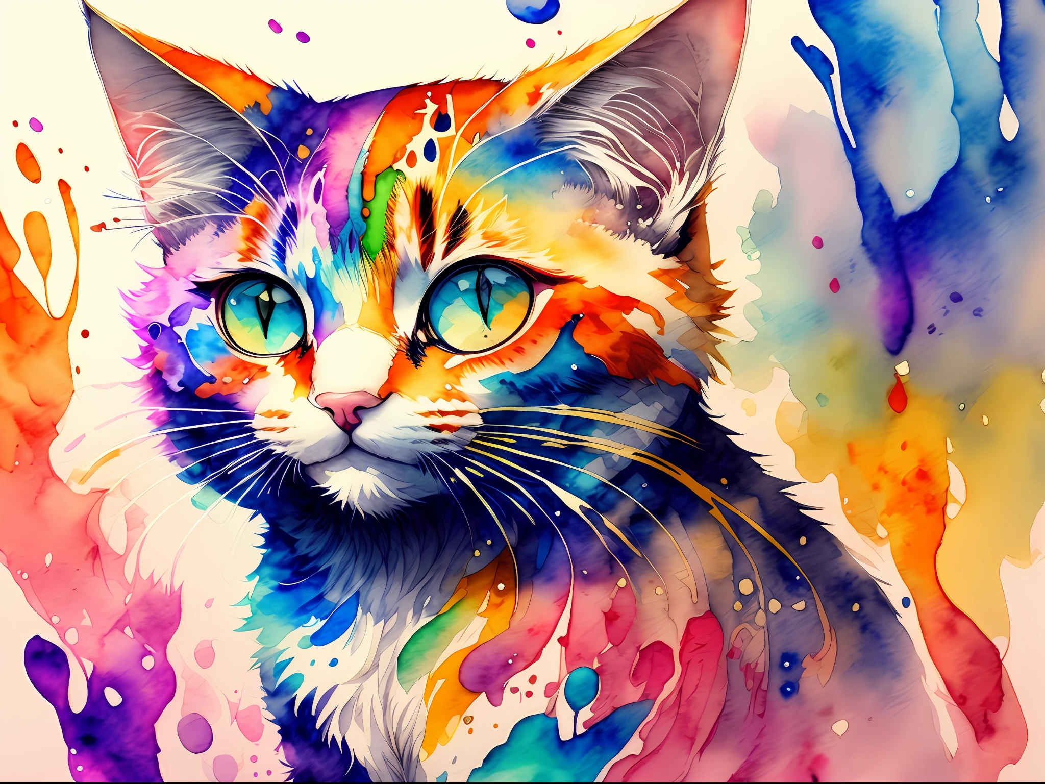 wtrcolor style, Digital art of (cat character), official art, frontal, smiling, masterpiece, Beautiful, ((watercolor)), face paint, paint splatter, intricate details. Highly detailed, detailed eyes, [dripping:0.5], Trending on artstation, by Rachel Walker --auto