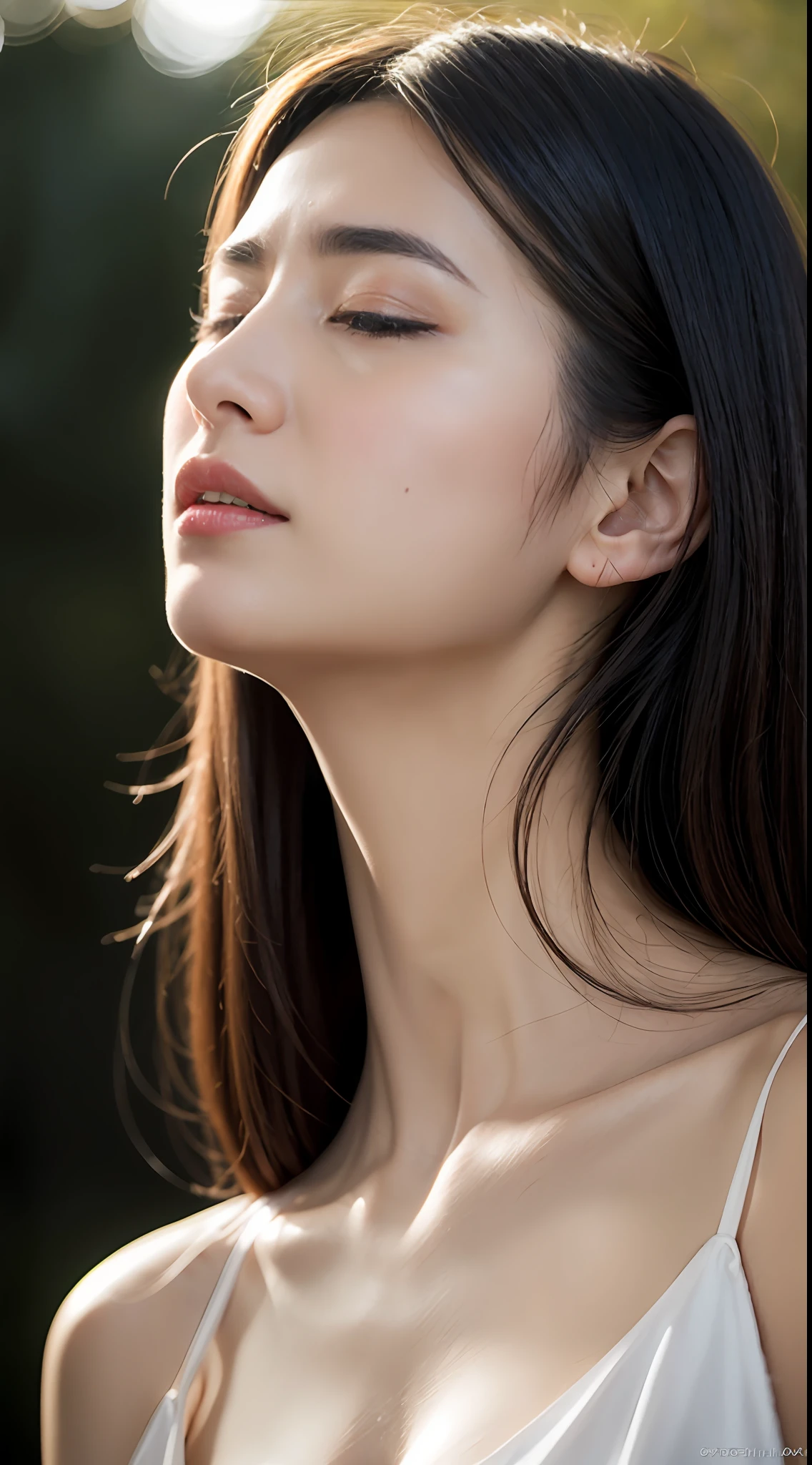Photo, (Photorealistic: 1.4), (Hyperrealistic: 1.4), (Realistic: 1.3), (Smooth lighting: 1.05), (Improved lighting quality of the film: 0.9), Gentle and beautiful and attractive woman, (White nightdress), sexy and provocative pose, Beautiful and delicate face, Neat, innocent, Pink lips, Open mouth, (closed eyes), Profile, Black hair, Shy face, large breasts, Focus on the face, seductive and exquisite collarbone, ultra-high resolution, soft and smooth skin, very realistic details, ultra-high resolution, excellent detail, 8K, attractive collarbone, sexy shoulders, cheeks reddening, eyes closed, mesmerizing expression, evening light, backlight,