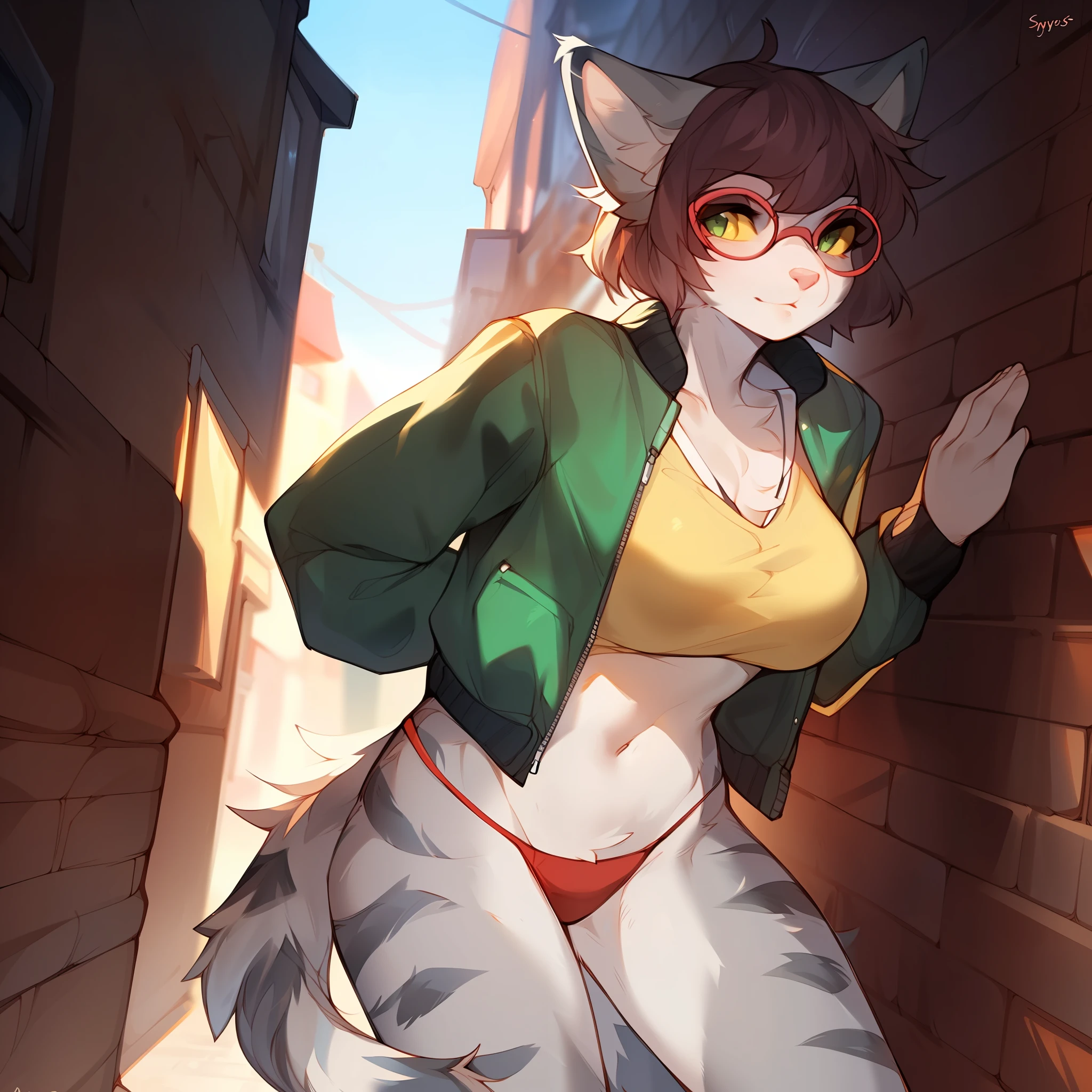 solo, female, feline, cat, silver tabby, green eyes with yellow sclera, short dark maroon hair, alleyway, standing, snout, pink nose and pink inner ear, big breasts, ((red glasses)), (((by spuydjeks, by bebebebebe))), ((by spikedmauler)), (((red g-string))), (yellow graphic tee shirt), (green bomber jacket), ((very light grey fur with light grey stripes)), ((( floss,  floss,  floss,  floss,  floss)))