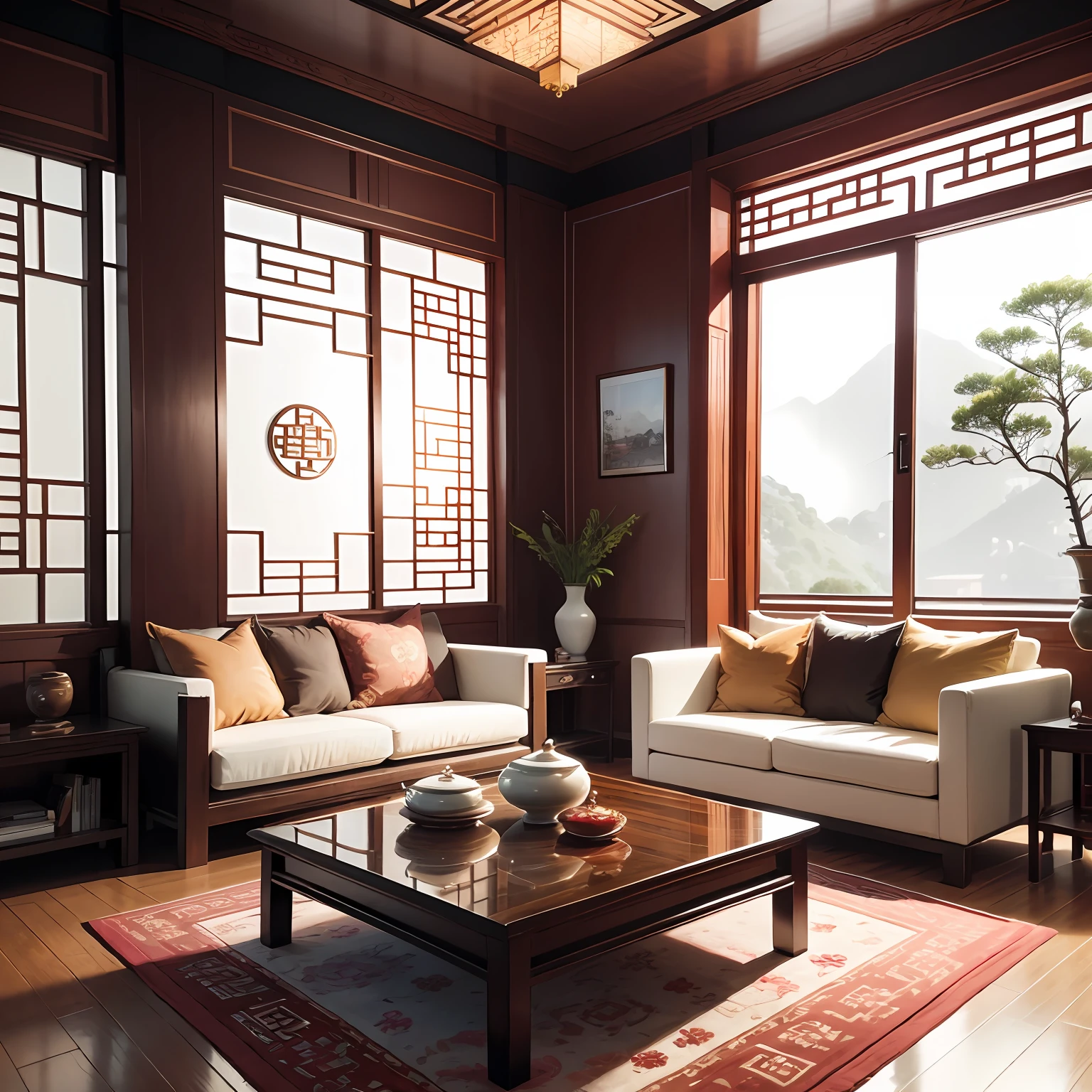 spacious, bright, living room, modern Chinese-style, furniture, cream color, warm, cozy, carved tea table, flower bouquet, books, reddish-brown, luxurious, embroidered pillow, traditional Chinese culture, Chinese calligraphy, traditional decorations, walls, artistic, small tea table, delicate tea set, tranquility, leisure, traditional Chinese elements, modern aesthetics, classical, contemporary beauty. --auto