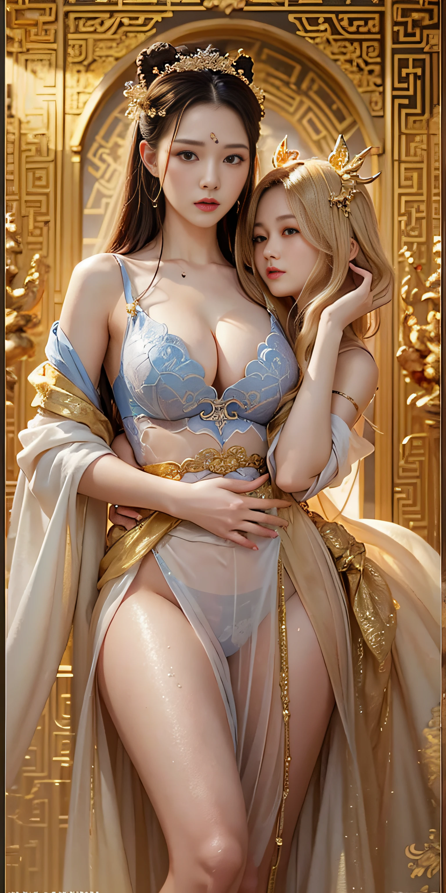 (couple cuddling) rough man Zeus muscular naked, beautiful, sexy, big breasts, cleavage, bare legs, see-through, standing, hanfu, wet, clear, realistic, highest detail, Chinese mythology, dragon pattern, phoenix, sacred, holy, golden mountains, heavenly palace, countless palaces, clouds, golden light