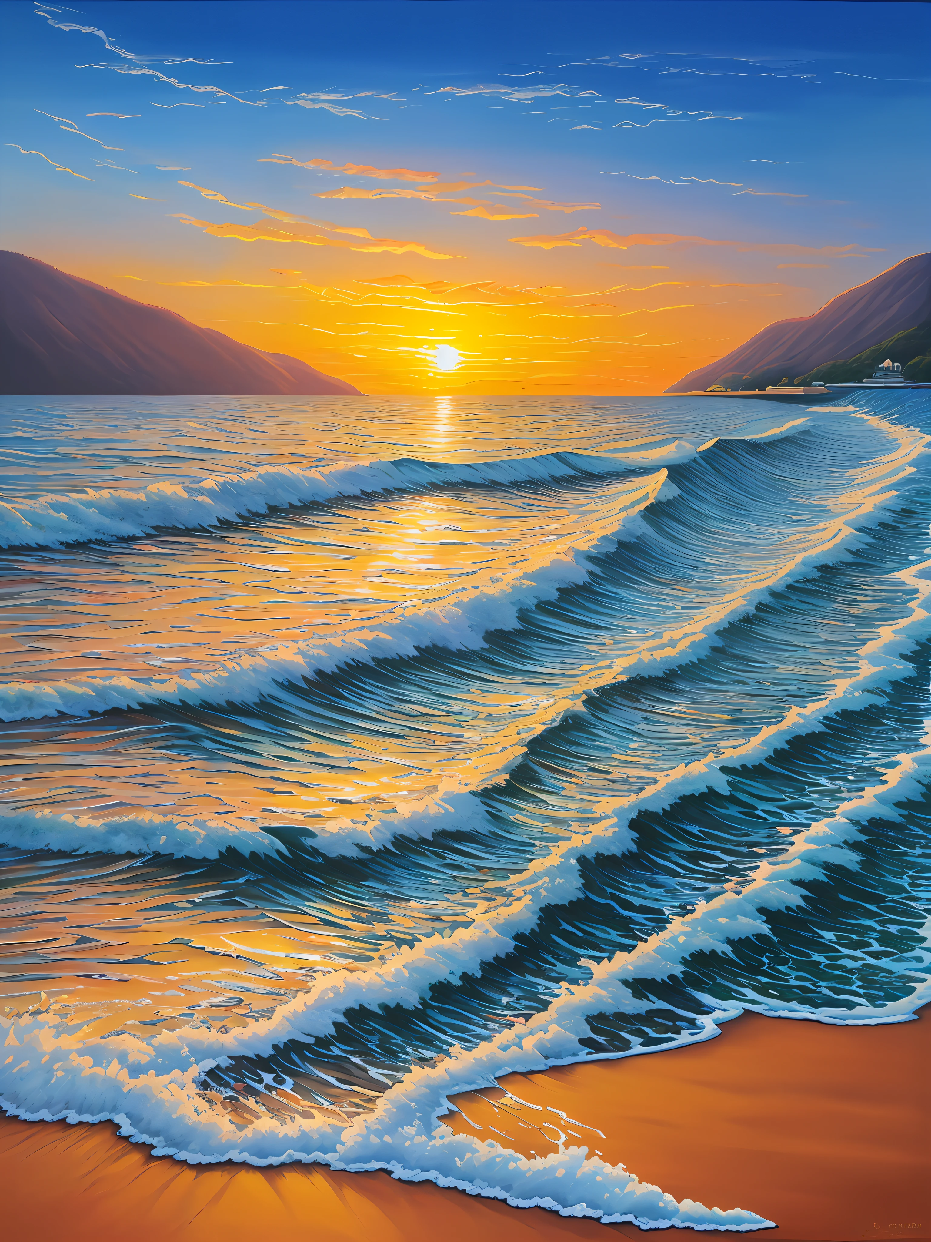 Ocean sunset oil painting、Oil painting with heavy glaze、Intricate and delicate oil painting、High quality smooth painting、Wall decoration painting、The sun rises and shines light、Artistic expression on canvas、Artistic quality thick lacquer、Canvas paintings、Large-scale painting、High quality glossy art、Sunset、Splendid oil painting、Detailed paintings、Sunset sailboat painting on the sea --auto
