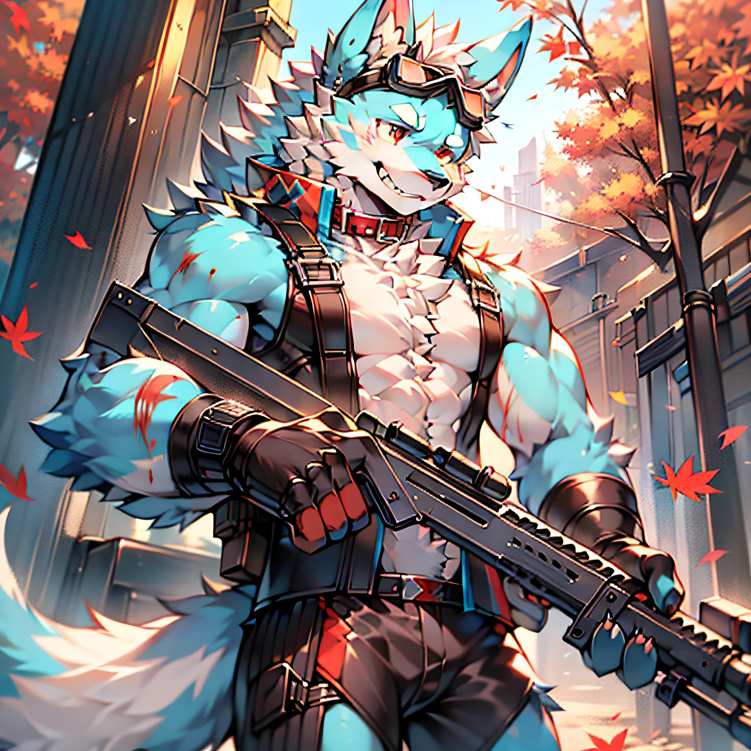 solo person,furry,werecreature,Male white wolf,Blue fur,Blue tail,White ears,Blood-red eyes,Red collar,musculature,male people,Handsome,(The furry feeling of animal ears),With a firearm,commando,rifles,cyber punk perssonage,Tech goggles,Maple leaf falling,autumnal