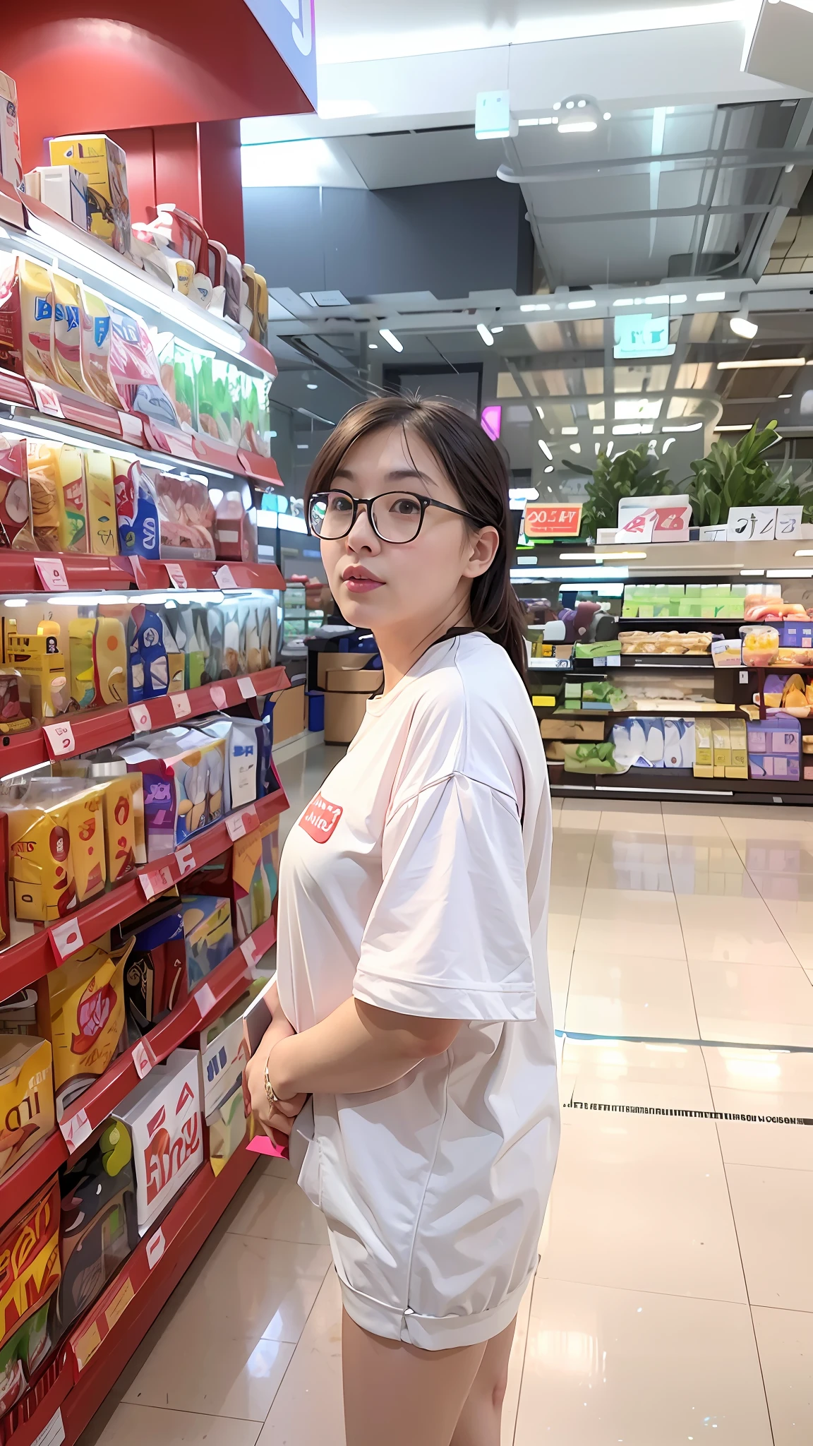 Woman standing in front of milk display in store, stood in a supermarket, taken with sony alpha 9, shot on nikon z9, Li Zixin, shot on leica sl2, appearing in a shopping mall, wenfei ye, taken on a 2010s camera, yanjun cheng, jinyiwei, shot with sony alpha 1 camera