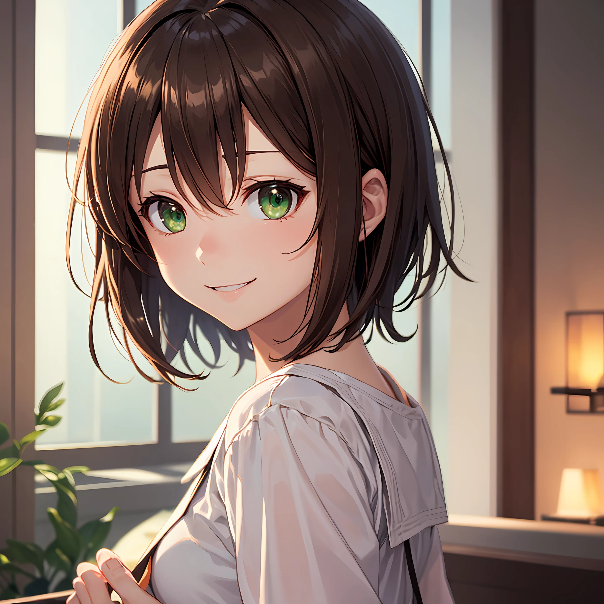 masutepiece, Best Quality, Dynamic Range, Bokeh, Indoors, Short hair, Brown hair, Green eyes, Looking at Viewer, Smile, Anime, Single person