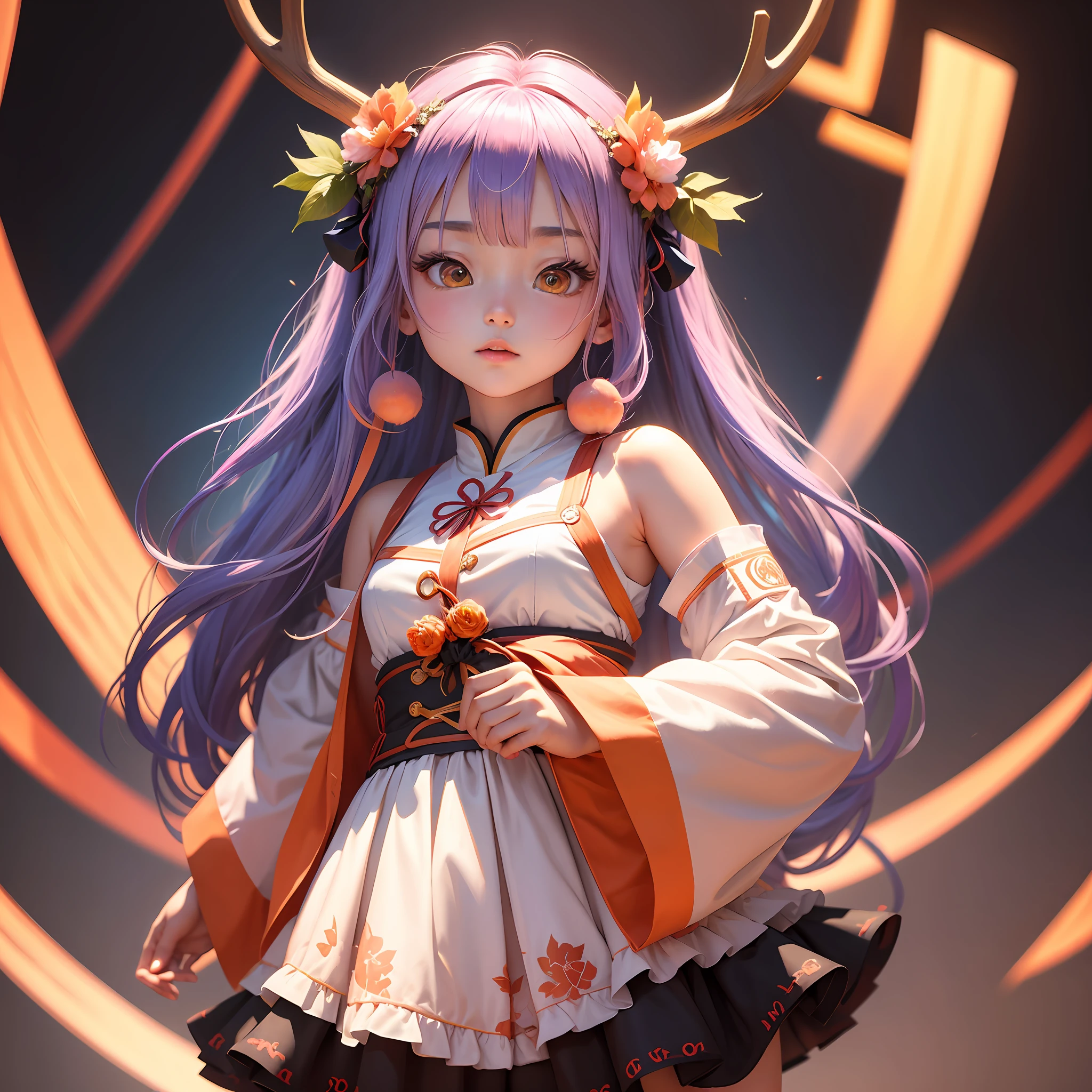 Yao Colorful hair, perfect lighting, a young girl, looking directly at the audience, perfectly symmetrical proportions, two peach blossom antlers on the head, with a wreath on the head, side discernment --auto