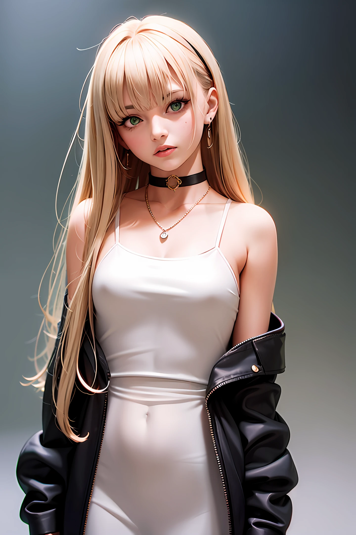a beautiful and cute girl with a menacing glare, 1girl, jewelry, earrings,, solo, long hair, blonde beige hair, messy hair, long hair bangs, green beautiful eyes, beautiful detailed eyes, looking at viewer, expressionless, closed mouth, necklace, choker, portrait, bangs, black jacket, upper body,bad-girl, small breasts, backlight, beautiful lightning