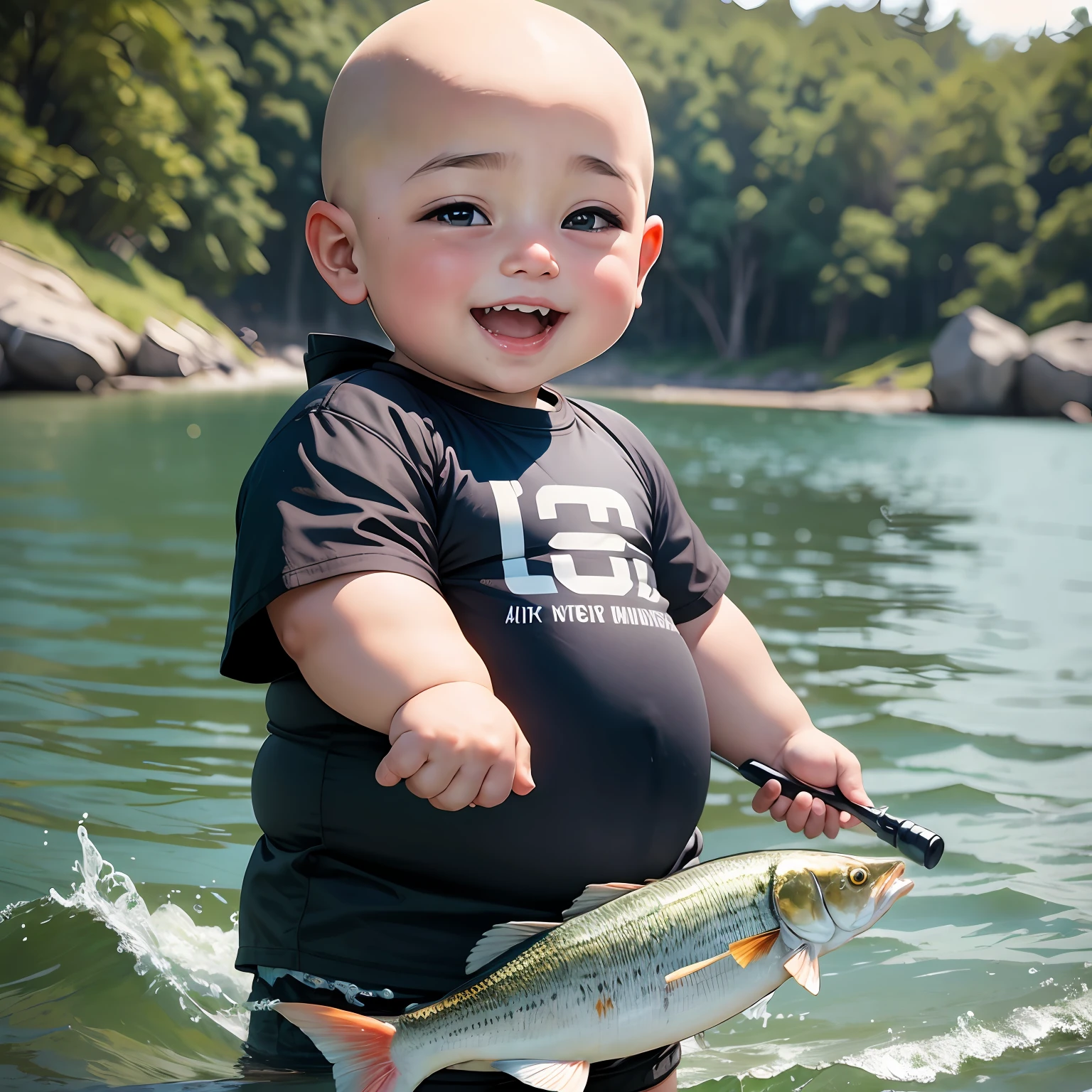 A cute bald little chubby boy was especially happy to catch a fish --auto