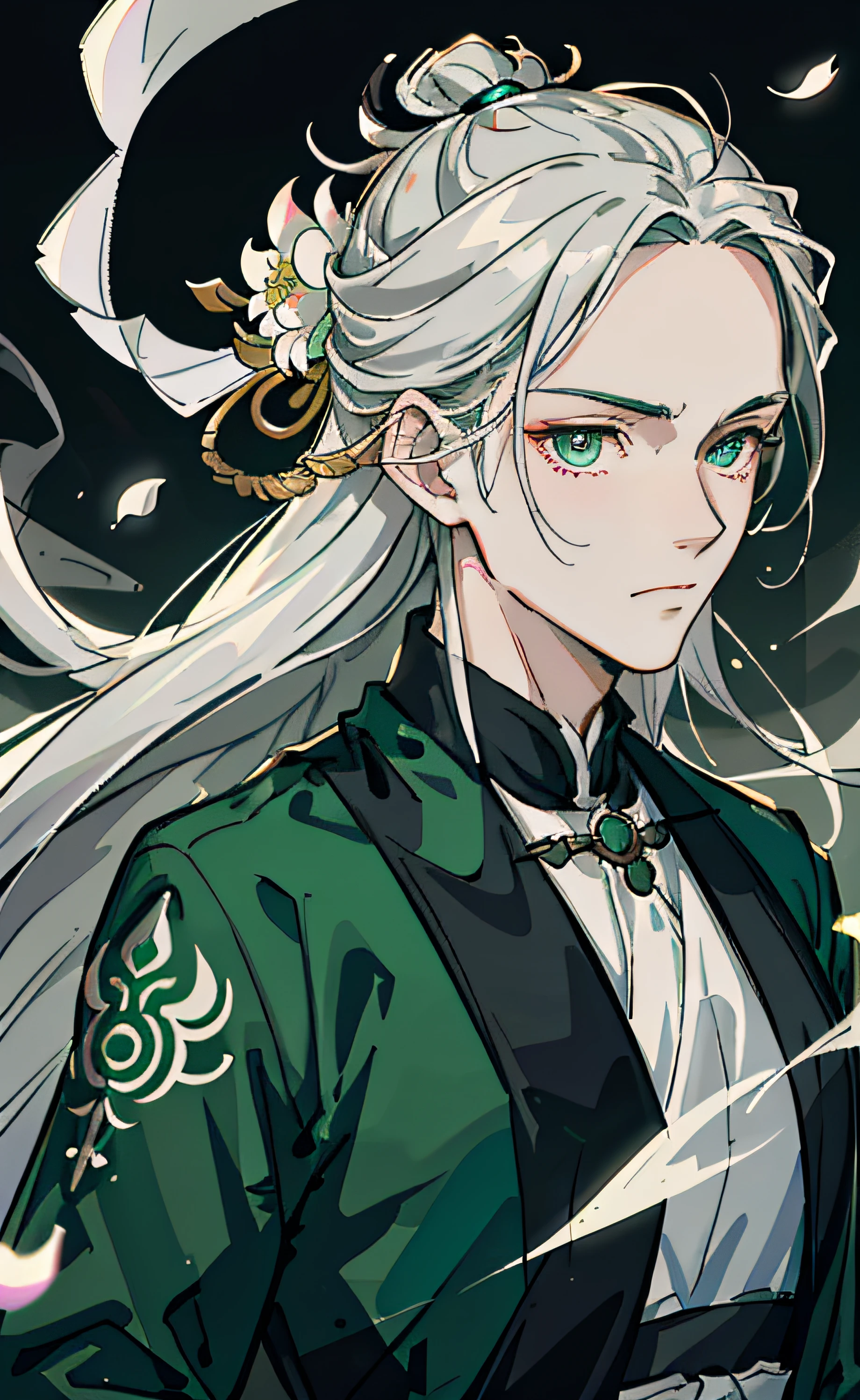 Adult male, strong, green eyes, long silver hair, floating hair, forehead wipe, resolute eyes, complex white Taoist Taoist uniform, gorgeous accessories, magic smoke around him, fov, f/1.8, masterpiece, ancient Chinese architecture, night, flower petals flying, front portrait shot, side lighting, moonlight shining on people, 8K