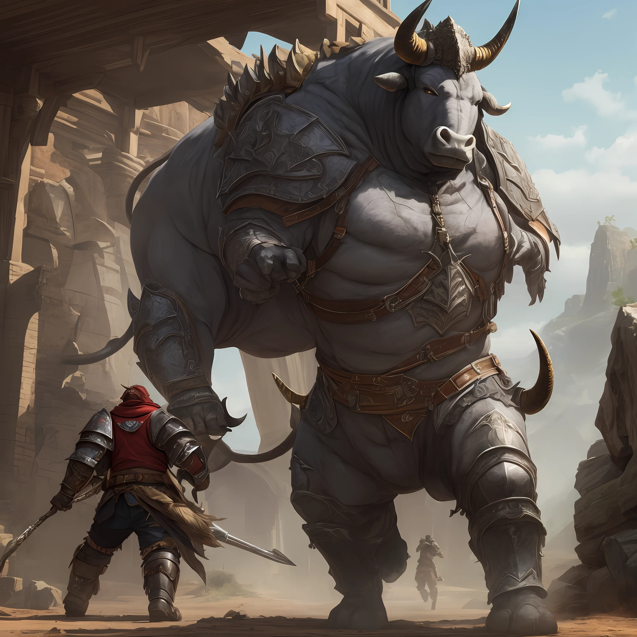 Giant grey bull like monster, heavy iron Armor, saddle, two big horns, a big nose --auto