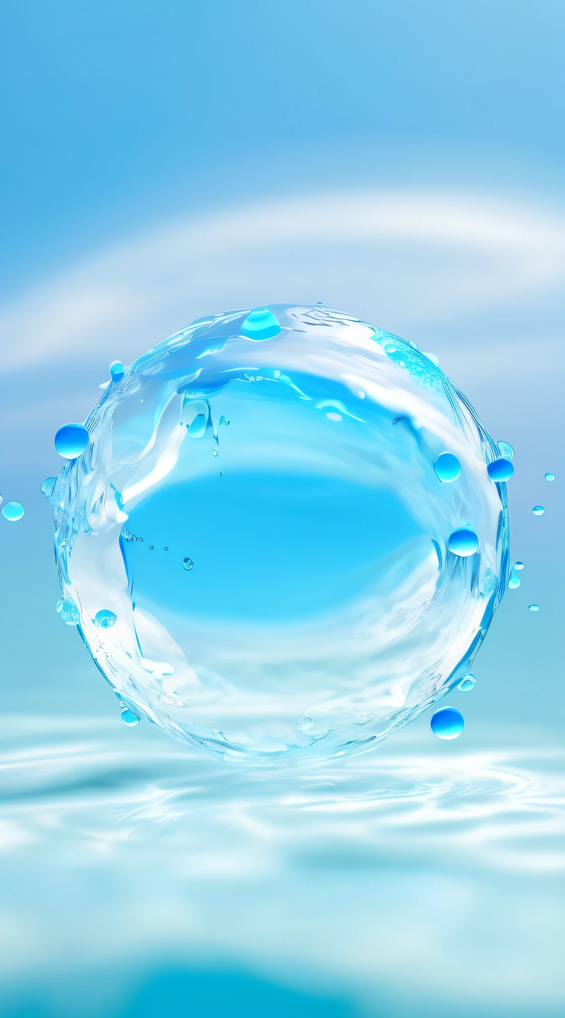 There is a blue circle,There are blisters floating inside, water bubbles, water particle in front, water particulate, water bubbles, water, drops of clean water, water particulate, bubbling skin, water in background, volumetric water, water background, tansparent water, water dripping, Bubble, transparent droplets, translucent sphere, water dripping --auto