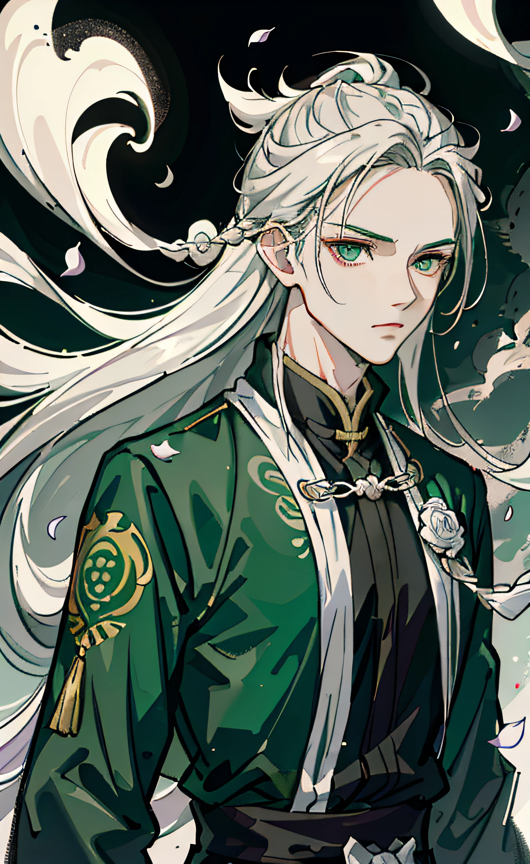 Adult male, strong, green eyes, long silver hair, floating hair, forehead wipe, resolute eyes, complex white Taoist Taoist uniform, gorgeous accessories, magic smoke around him, fov, f/1.8, masterpiece, ancient Chinese architecture, night, flower petals flying, front portrait shot, side lighting, moonlight shining on people, 8K