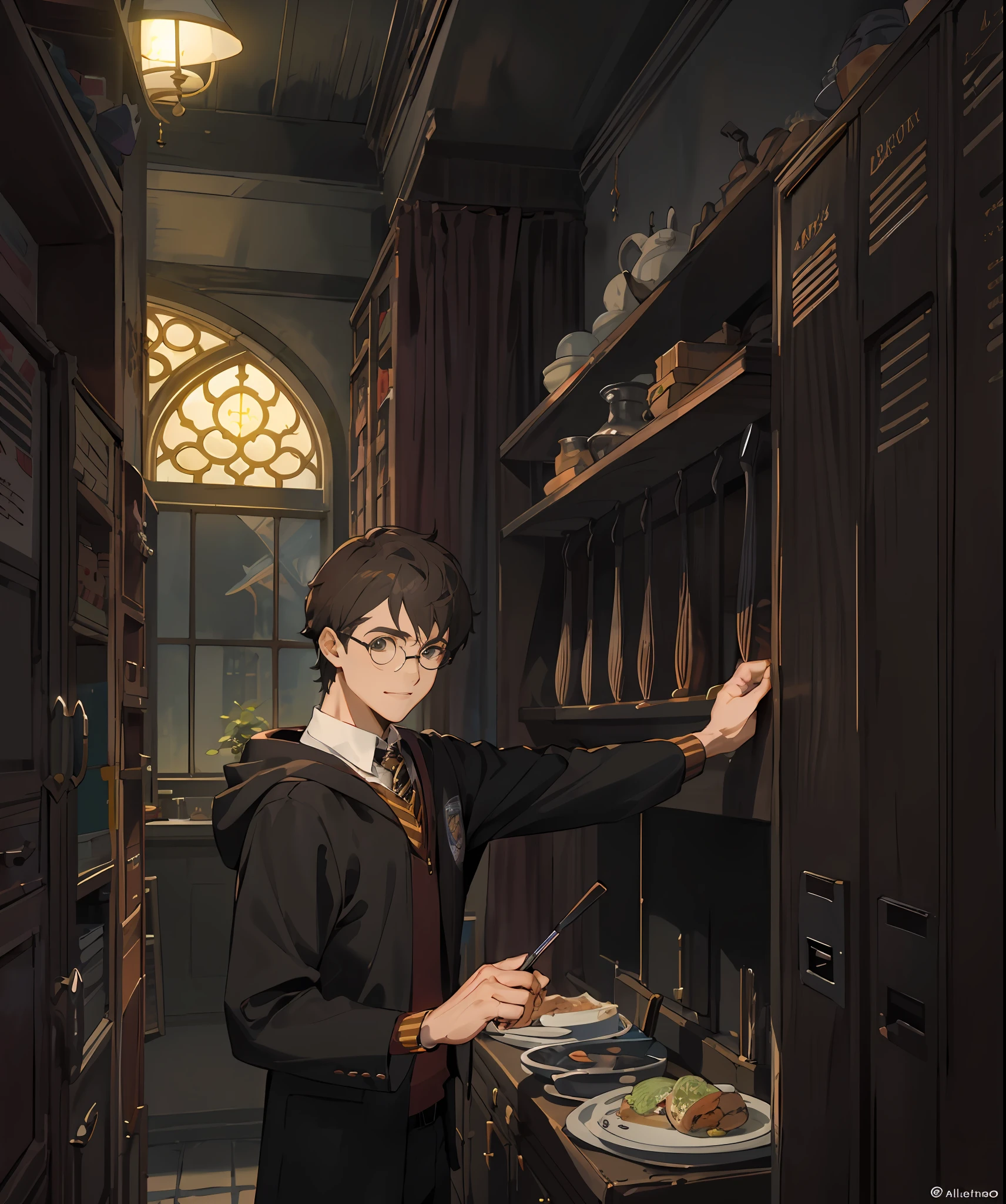 personagem de anime em uma cozinha com um prato de comida e um copo, Harry Potter com uniforme de empregada, Arte de Harry Potter, Retrato de Harry Potter, Fundo da Biblioteca Alquimista, Da Cryptid Academia, arte oficial altamente detalhada, Retrato de Harry Potter, he is in a alchemist lab, pintado em anime painter studio, Antecedentes Hogwarts, Arte Oficial, por Fuller Potter