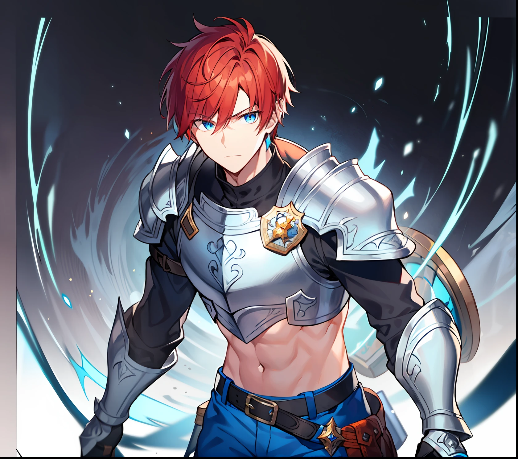 Young man, slight smile, friendly look, red hair, short hair, dark blue eyes, white skin, detailed. Black work gloves, orange shirt, black belt, blue pants. Accessory, 1 Shield, platinum shield, shining shield, 1 sword, silver sword, shining sword, rpg sprite, rpg sprite mid body, rpg expression sheet