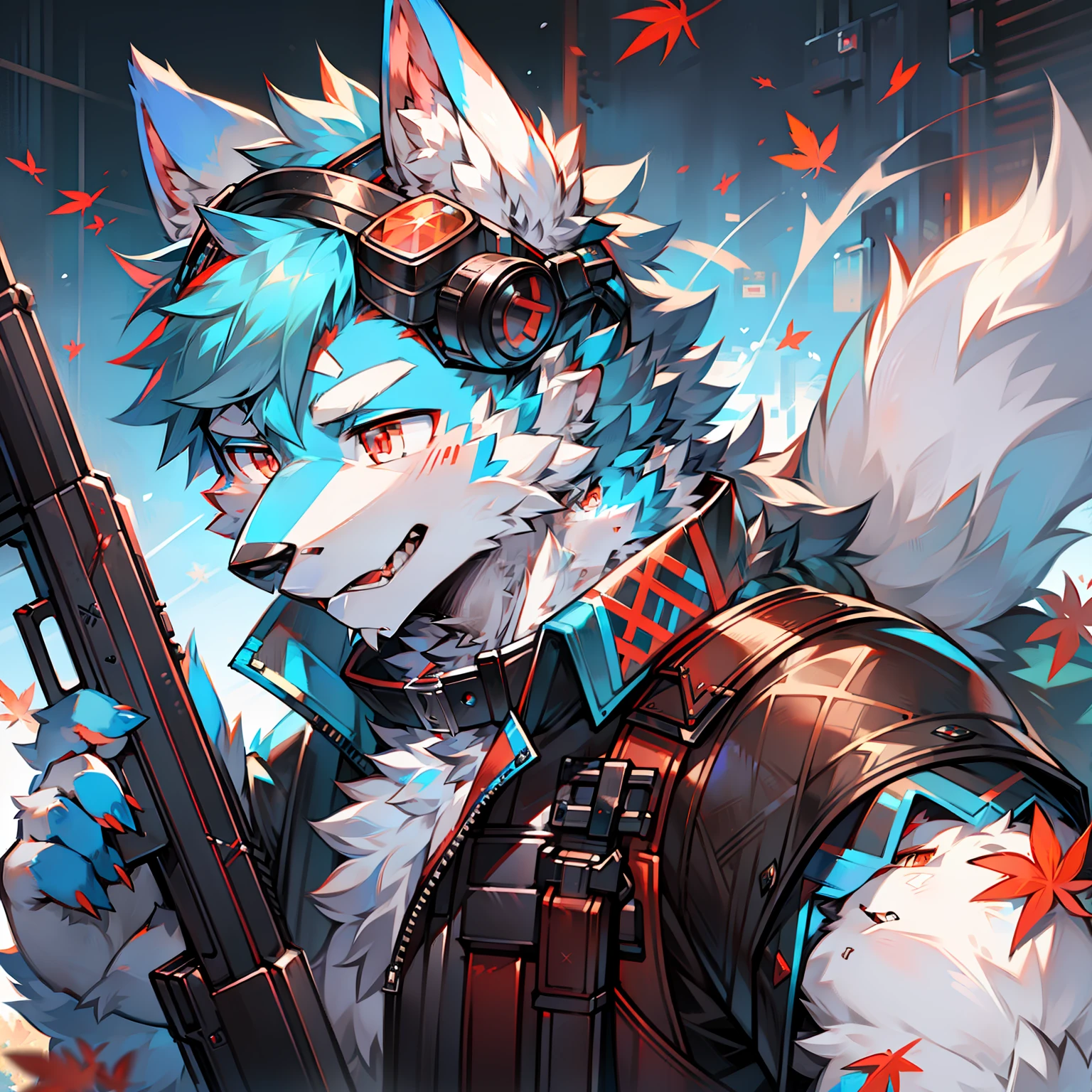 solo person，furry，werecreature，Male white wolf，Blue fur，Blue tail，White ears，Blood-red eyes，Red collar，musculature，male people，Handsome，（The furry feeling of animal ears），With a firearm，commando，rifles，cyber punk perssonage，Tech goggles，Maple leaf falling，autumnal