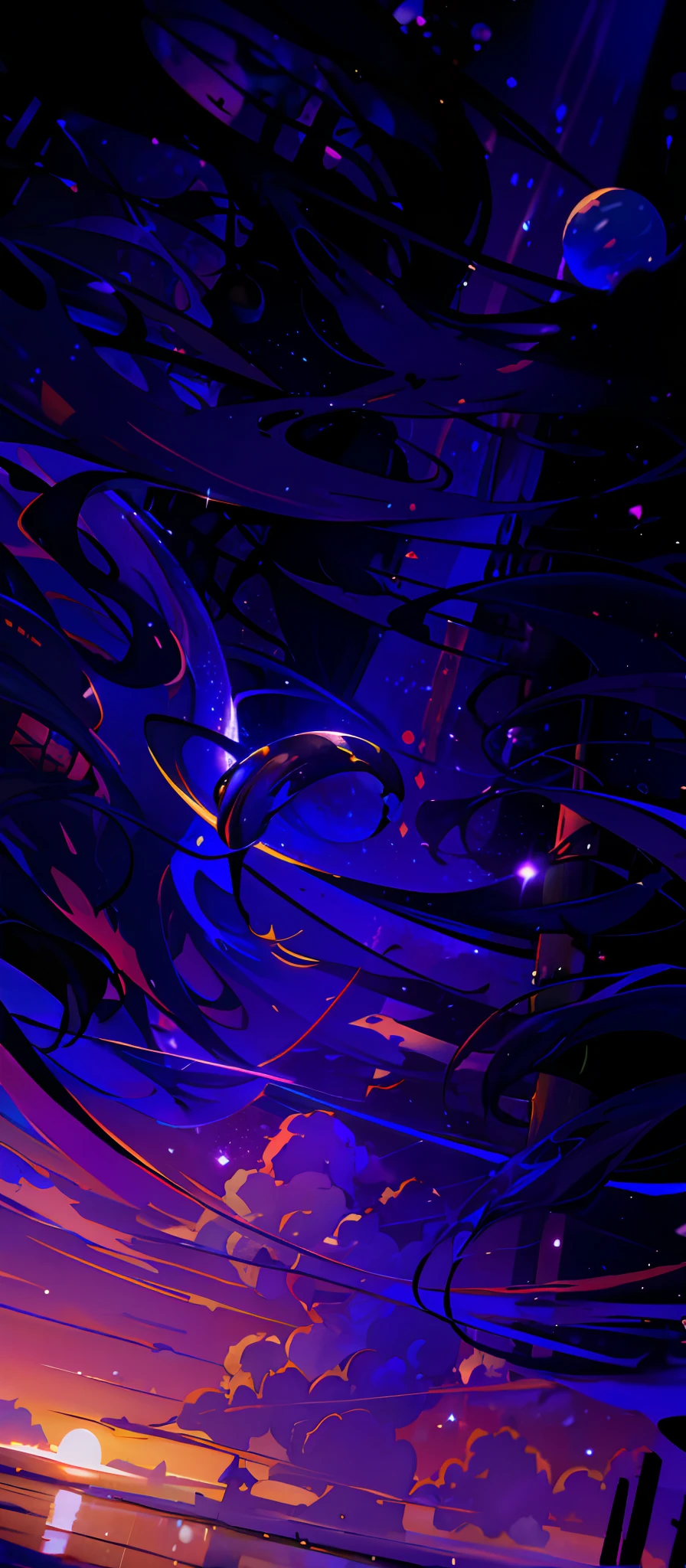 "(darkeness, dim sky, starly sky:1.3 reflective water, galaxy appearing, Planetas, outer space:1.2, Magical anime, Estilo anime, hiper detalhado, total darkness, nublado, replace light with darkness)."