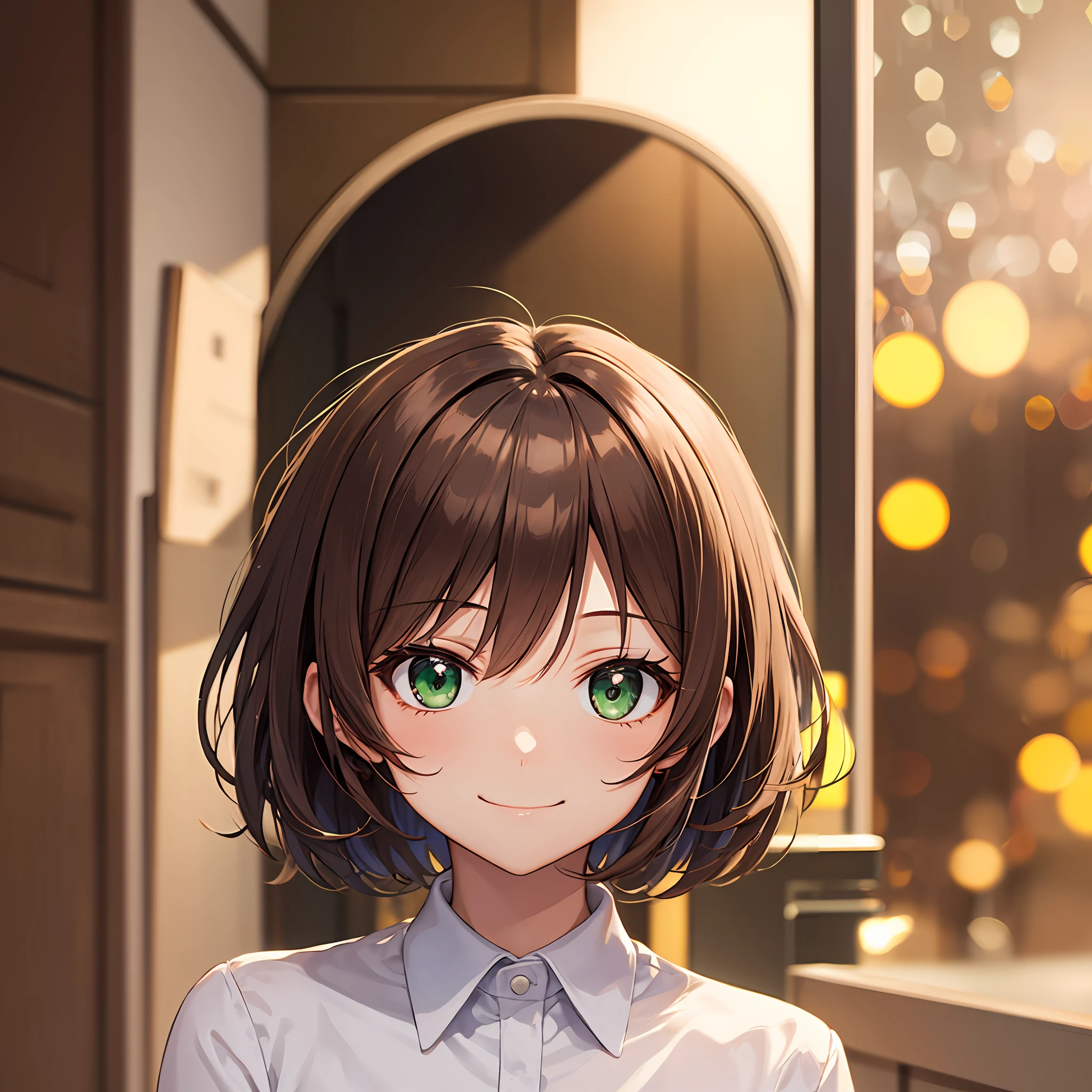 masutepiece, Best Quality, Dynamic Range, Bokeh, Indoors, Short hair, Brown hair, Green eyes, Looking at Viewer, Smile, Anime, Single person