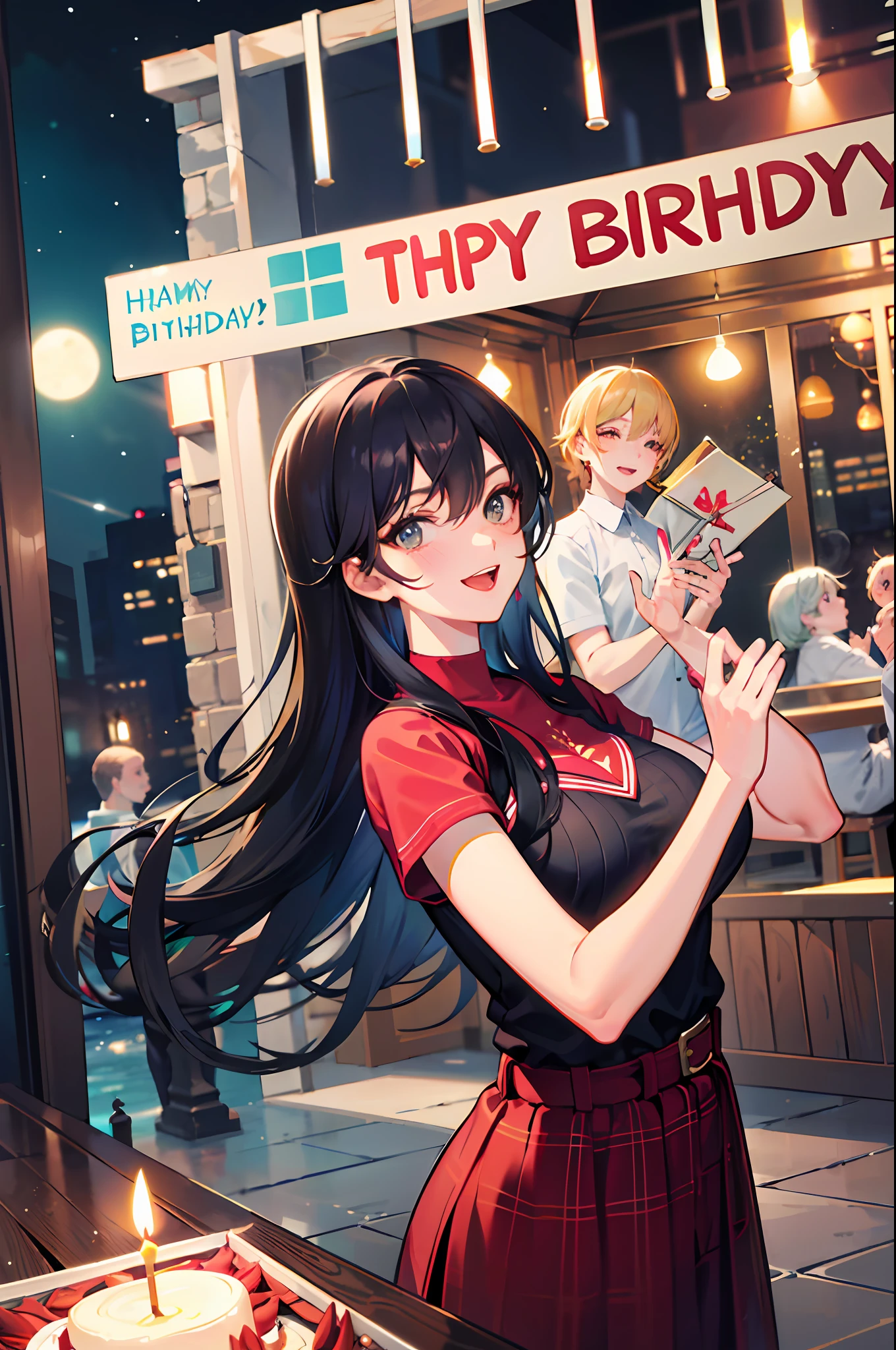 Comic style,Family of 4,Thirty year old hostess blows candles for her birthday,Lights at night,Warm and happy