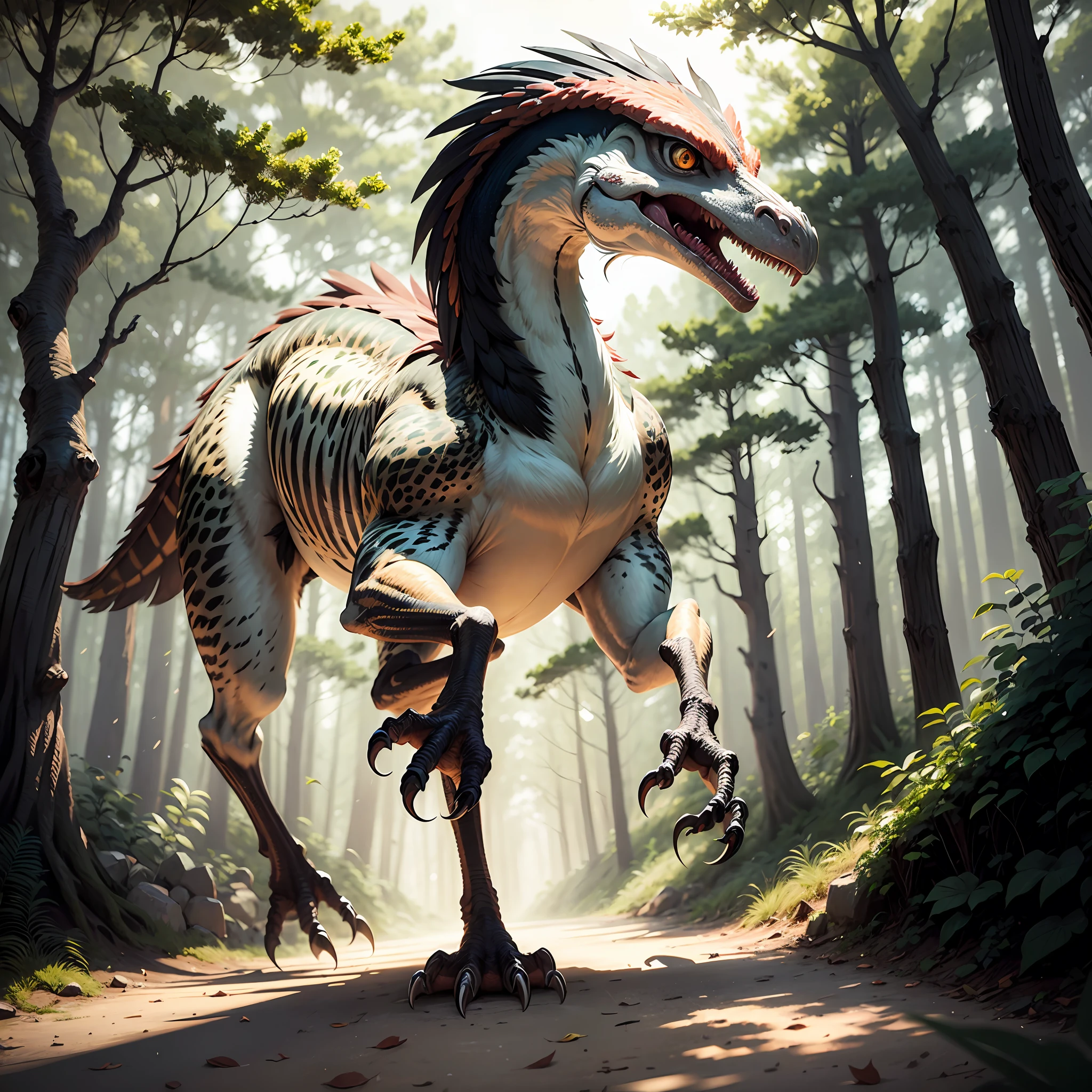 Sky, Forest, Feathered_dinosaur, velociraptor, side facining, roaring, sharp_talons, animal, realistic, high quality, nature, long_tail, digitigrade, bipedal, no_nipples, hunched_over --auto