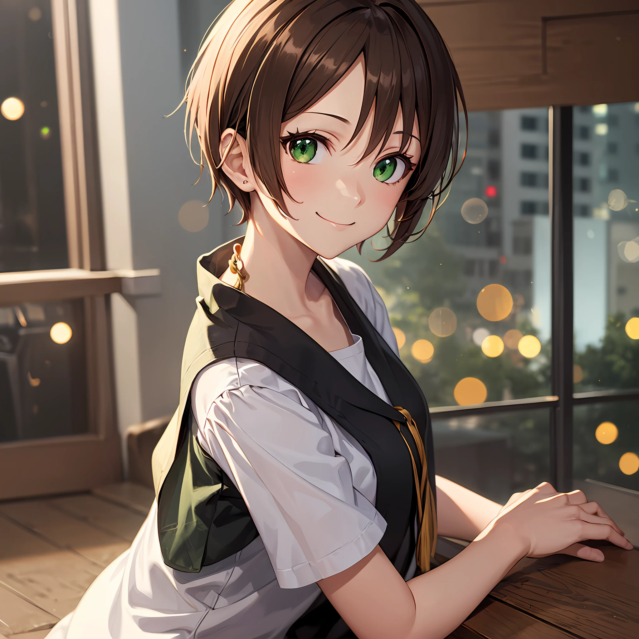 masutepiece, Best Quality, Dynamic Range, Bokeh, Indoors, Short hair, Brown hair, Green eyes, Looking at Viewer, Smile, Anime, Single person