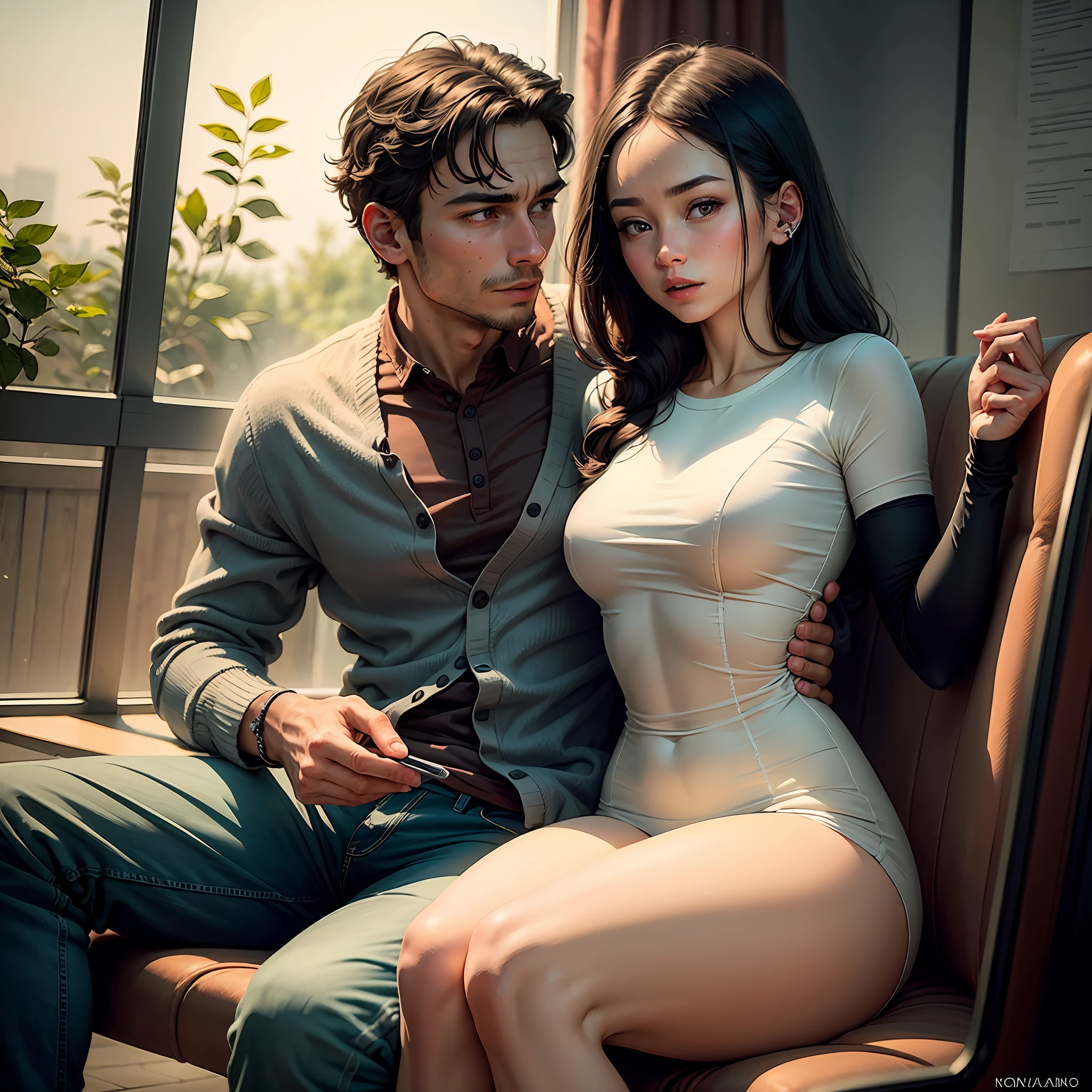 Man holding woman，sit on thighs