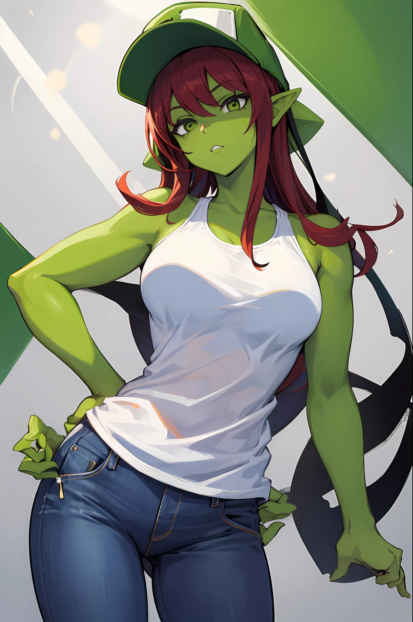 Green-skinned woman,Wear jeans,redheadwear