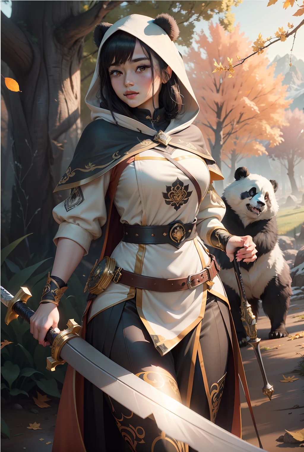 beautiful woman facing the camera black hair asian eyes, wearing a black and white panda hood holding a gleaming sword silver and gold Masterpiece, best quality, high quality, highly detailed CG unity 8k wallpaper beautiful landscape oil painting, award winning photography, bokeh, depth of field, HDR, bloom, chromatic aberration, photorealism, highly detailed, trending on artstation, on CGsociety Trending, intricate, high detail, dramatic, midjourney art and masterpiece, best quality, high quality, extremely detailed CG unity 8k wallpaper lush summer landscape with rolling green hills stretching towards the horizon, dotted with pink, yellow wildflowers, and purples, volumetric lighting and masterpiece, best quality, high quality, extremely detailed CG unity 8k wallpapers serene autumn landscape surrounded by trees in shades of golden yellow, fiery red and burnt orange. The crisp air is laced with the sweet aroma of fallen leaves and wood smoke. The ground is covered with a golden folia --auto