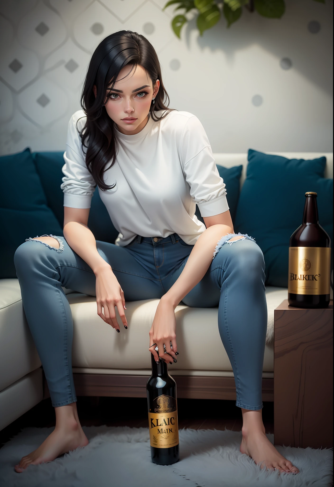 a close up of a woman sitting on a couch with a bottle of beer, black hair, dark blue jeans, wearing dark blue jeans, white top, white shirt, sitting on the couch, sitting on the sofa, sitting on a couch, sitting on couch, on a couch, kate bishop, sitting on a sofa, feet on rug, rug on the floor