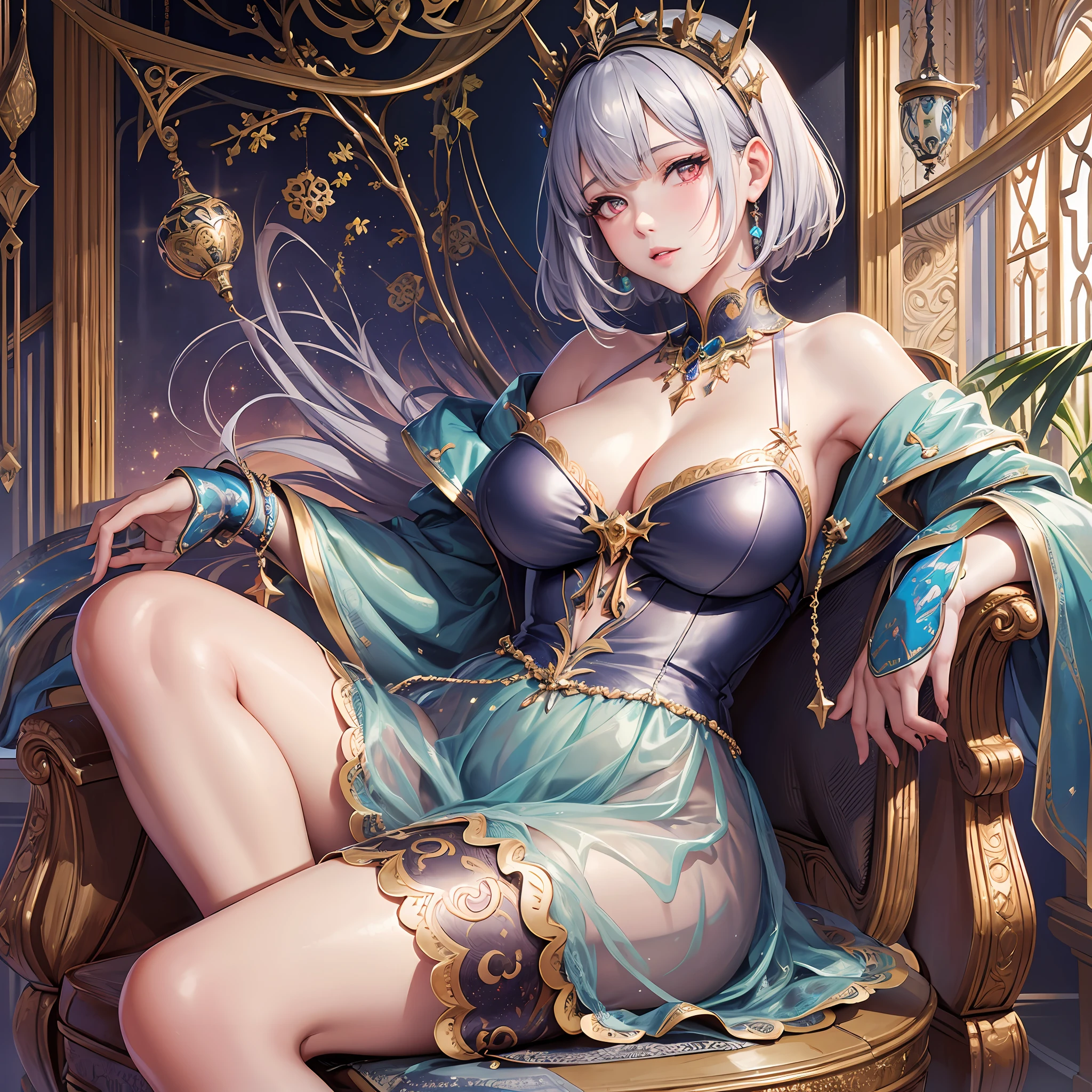 high resolution, highest quality, super high quality, super detail, ultra realistic, photorealistic, animification, portrait, anime, manga, illustration, Northern Renaissance style, fantasy, super cute woman, messy silver short bob, sparkling big pink eyes, mysterious, enchanting, alluring moist lips, huge breasts, great proportion, perfect proportion, slender, full body, sit on a chair and rest one's chin on one's chin, camisole dress