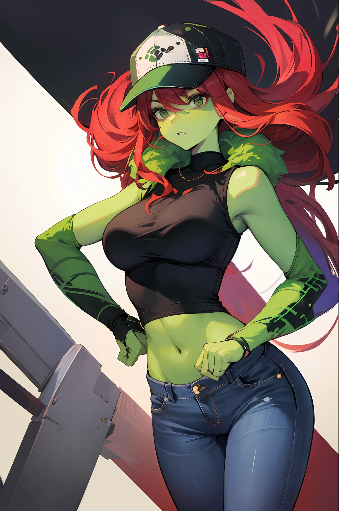 Green-skinned woman,Wear jeans,redheadwear