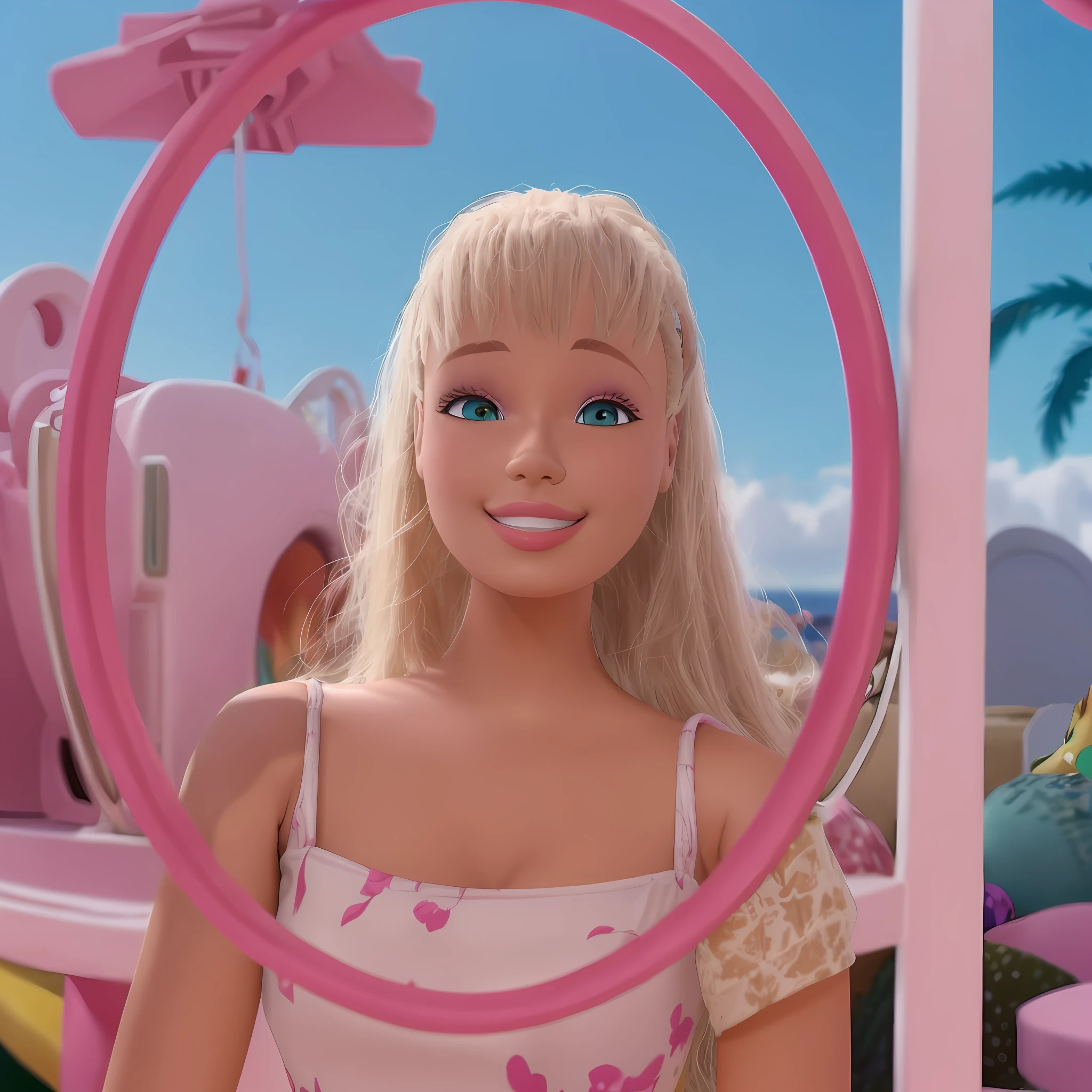 (obra-prima, melhor qualidade), Altas, (8k, Foto RAW, mais alta qualidade), hiper realista, ..3d, Centralizado, (TS_Barbie), tiro no meio, (corpo inteiro: 1.2), A cartoon girl in a blue jumpsuit and pink belt in Pixar Style, (Perfect lighting and composition: 1), soft-lighting, (alto detalhe, 8K分辨率: 1), HDR: 0.7, rosto detalhado, perfeito, (Dynamic), Posar, (alta qualidade: 1.2),  plastic skin, ((brilhante: 1.3)), figura de ampulheta, sorrir, (profundidade de campo: 0.8), 50 millimeters, grain of film: 0.7, fujifilmXT3, rosto de foco, (triste: 1.2), olhando para o espectador, olhos detalhados, rosto detalhado, particle floating, Estilo, majo, maquiagem leve, batom, (cintura grossa e coxas: 0.6), summer vacation, tropical, palmeira, Praia de areia, incredible composition, animado, Seios enormes