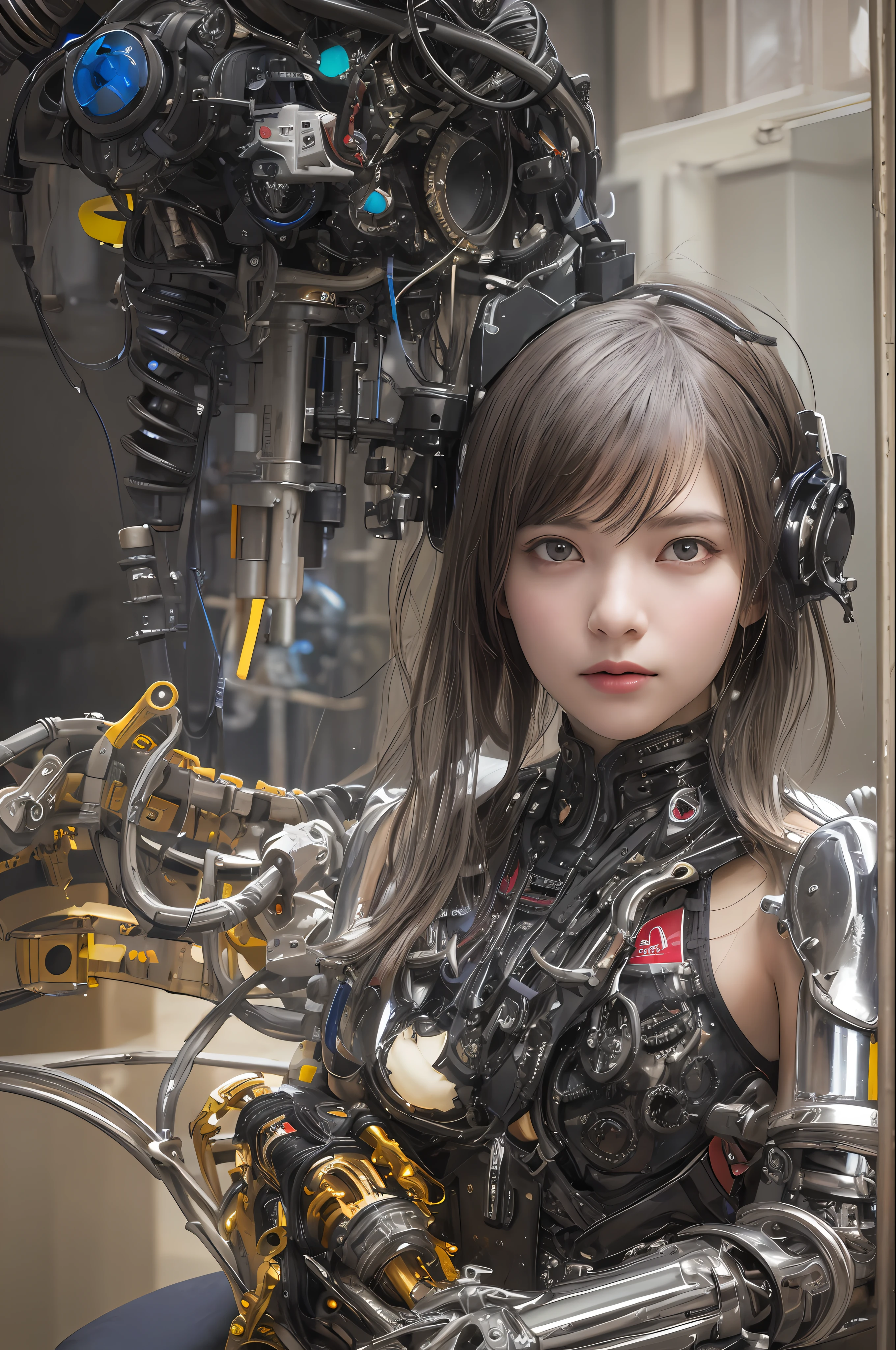 Top Quality, Masterpiece, Ultra High Resolution, (Photorealistic: 1.4), Raw Photo, 1 Girl, Black Hair, Glossy Skin, 1 Mechanical Girl, (Ultra Realistic Details)), Portrait, Global Illumination, Shadows, Octane Rendering, 8K, Ultra Sharp, Big, Cleavage Exposed Raw Skin, Metal, Detail of Intricate Ornaments, steampunk details, vacuum tubes, nixie tubes, oil pressure gauges, glass tubes, analog meters, gears, gears, golden hydraulic cylinders, very intricate details, realistic light, CGSoation trends, purple eyes, glowing eyes, facing the camera, neon details, mechanical limbs, blood vessels connected to tubes, mechanical vertebrae attached to the back, mechanical cervical attachment to the neck, sitting, wires and cables connecting to the head, Gundam, small LED lamps,