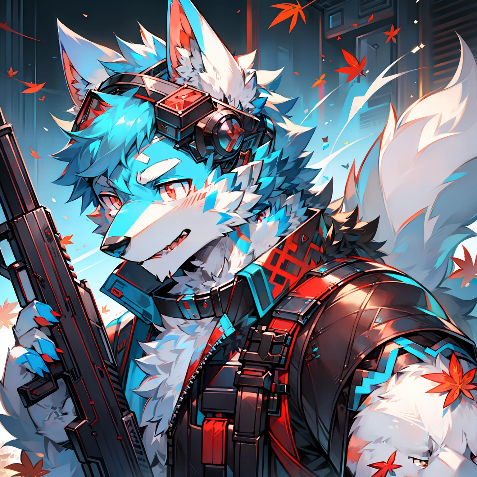 solo person，Furry，werecreature，Male white wolf，Blue fur，Blue tail，White ears，Blood-red eyes，Red collar，musculature，male people，Handsome，（The furry feeling of animal ears），Bring a gun，commando，rifles，cyber punk perssonage，Tech goggles，Maple leaves fall，autumnal