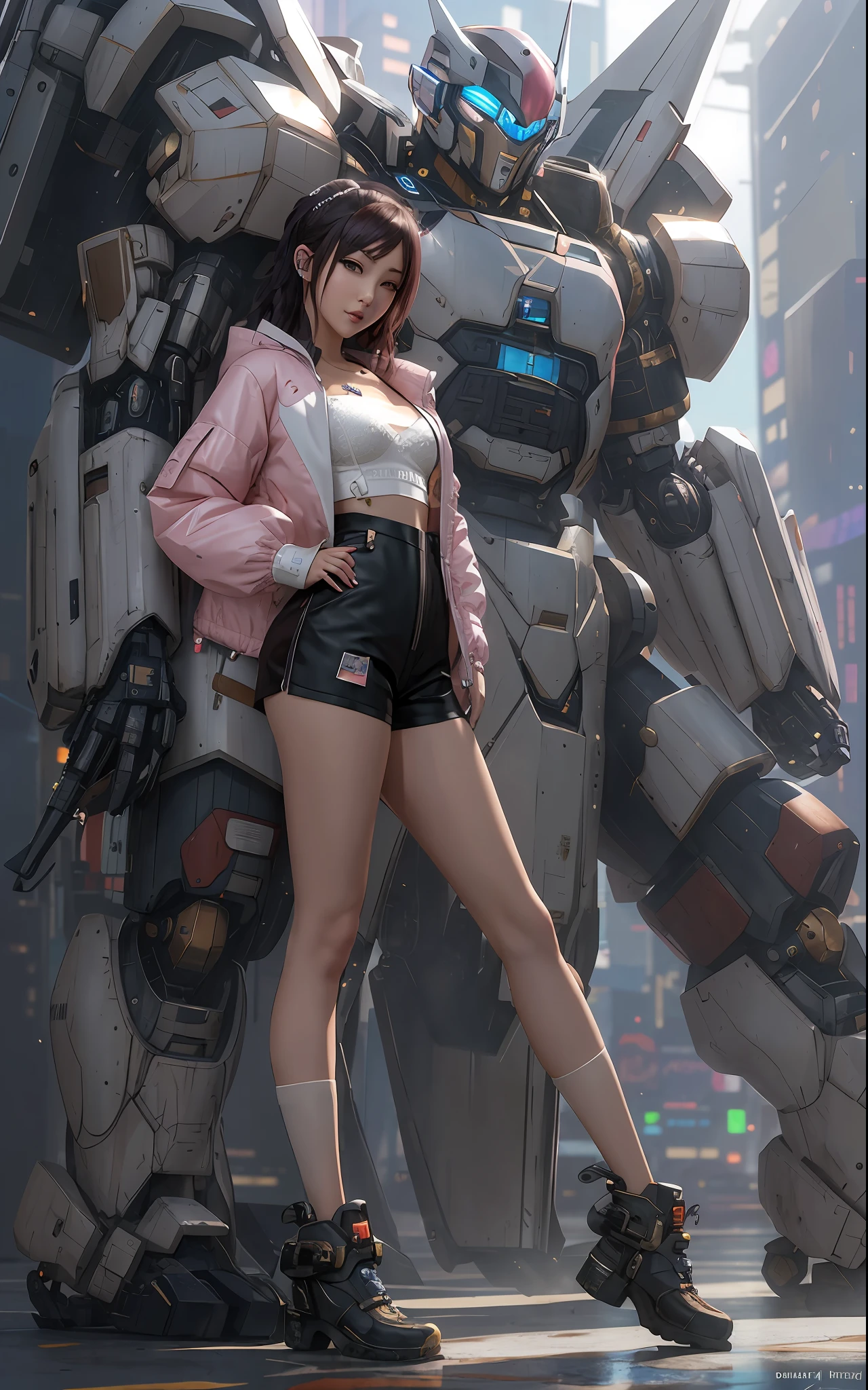 Beautiful girl in shorts and jacket standing next to giant robot,Guvez style artwork,cyberpunk anime girls mecha,Trends on CGiStations,Guviz,Russell Dongjun Lu,Digital cyberpunk anime art,Ross Tran 8 K,Guweiz on ArtStation Pixiv ,Girls of Mecha Cyber Armor,Over the knee white silk,Raised sexy,Lingerie with a slinger,No coat