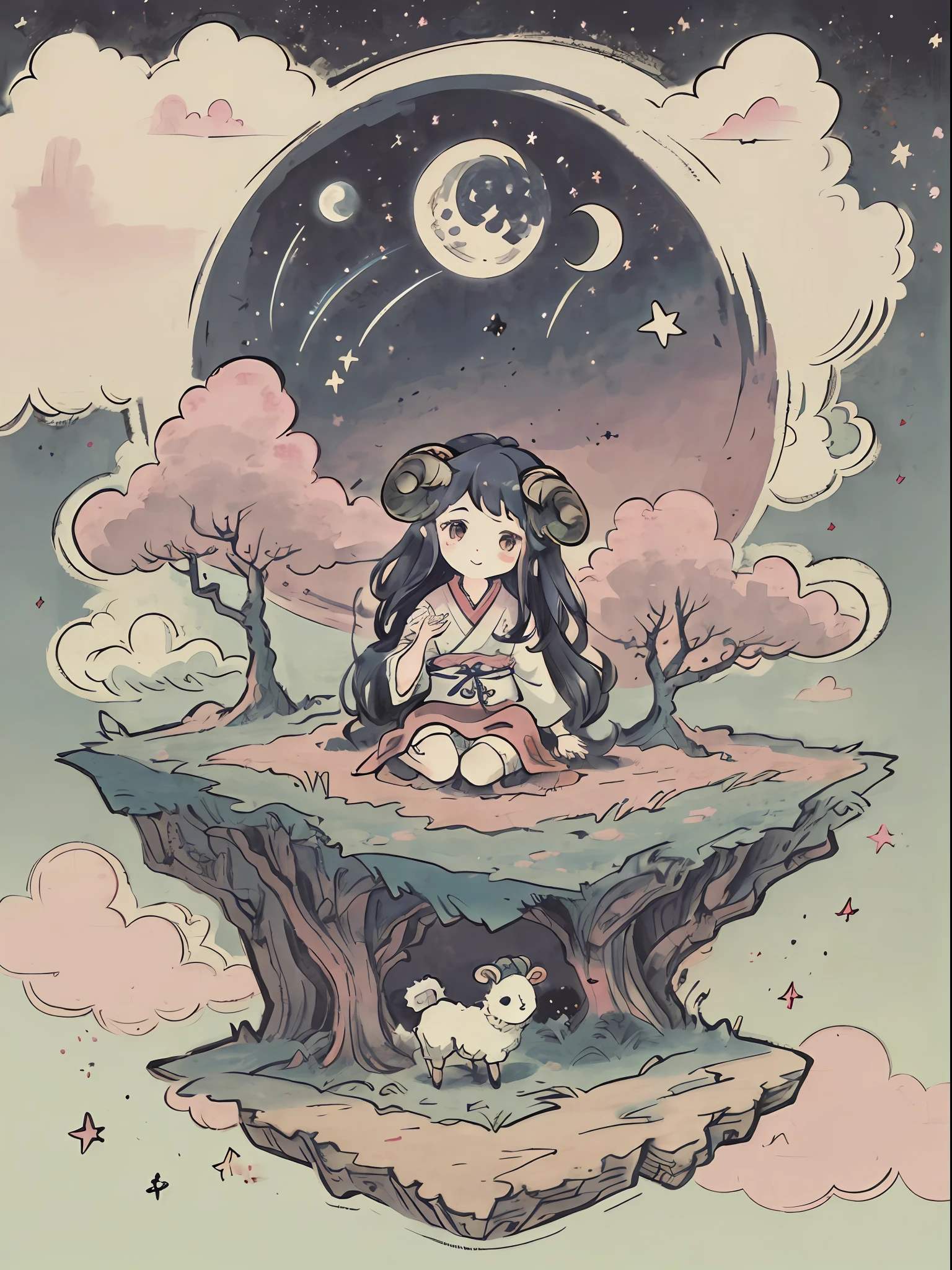 masutepiece, of the highest quality, isometric, diorama, (Cute little girl: 1.2, Sheep horns on the head), Stars, (Moon: 0.8), Water, shooting stars, Pink clouds, Hiroshige Style, Ukiyo-e prints