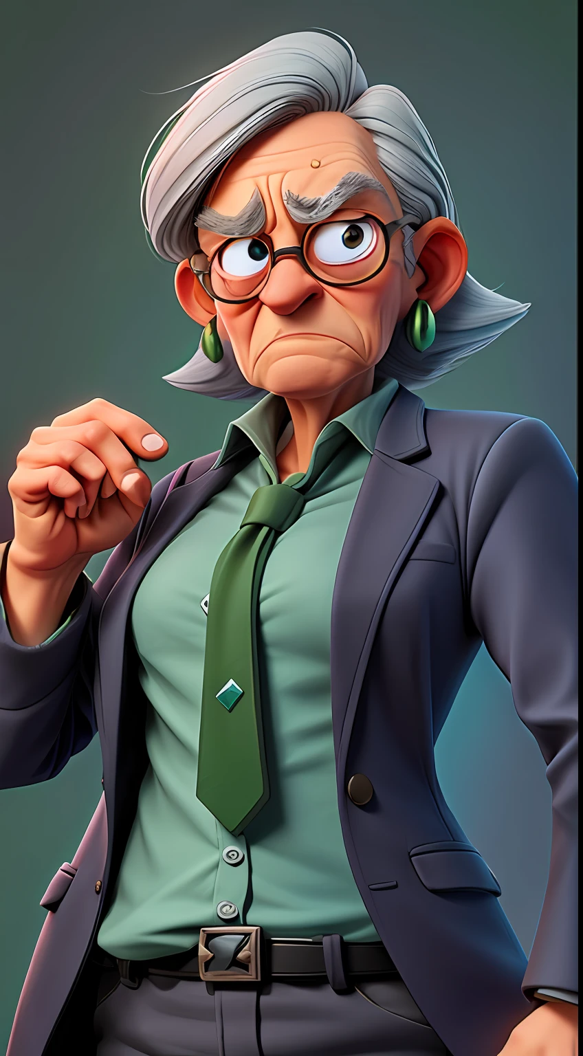 Ugly grumpy old woman as Morpheus from Matrix in a suit and tie with a green tie, holding a tiny blue pill in his right hand, holding a tiny red pill in his left hand, offering tiny pills to the viewer. 3D character concept art, 3D character, 3D character.