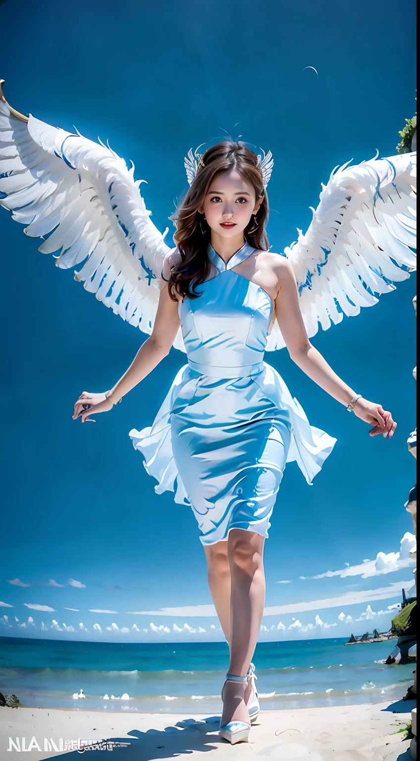 photo of ukwng, unfolded white big wings with silver rim, hidden arms, wingarm, hair ornament, 2wings,
standing in the air, land sea, hight angle shot, upper body
beautiful woman, ((solo)), ((1girl)), best quality, ultra high res, 8K, masterpiece, sharp focus, clear gaze